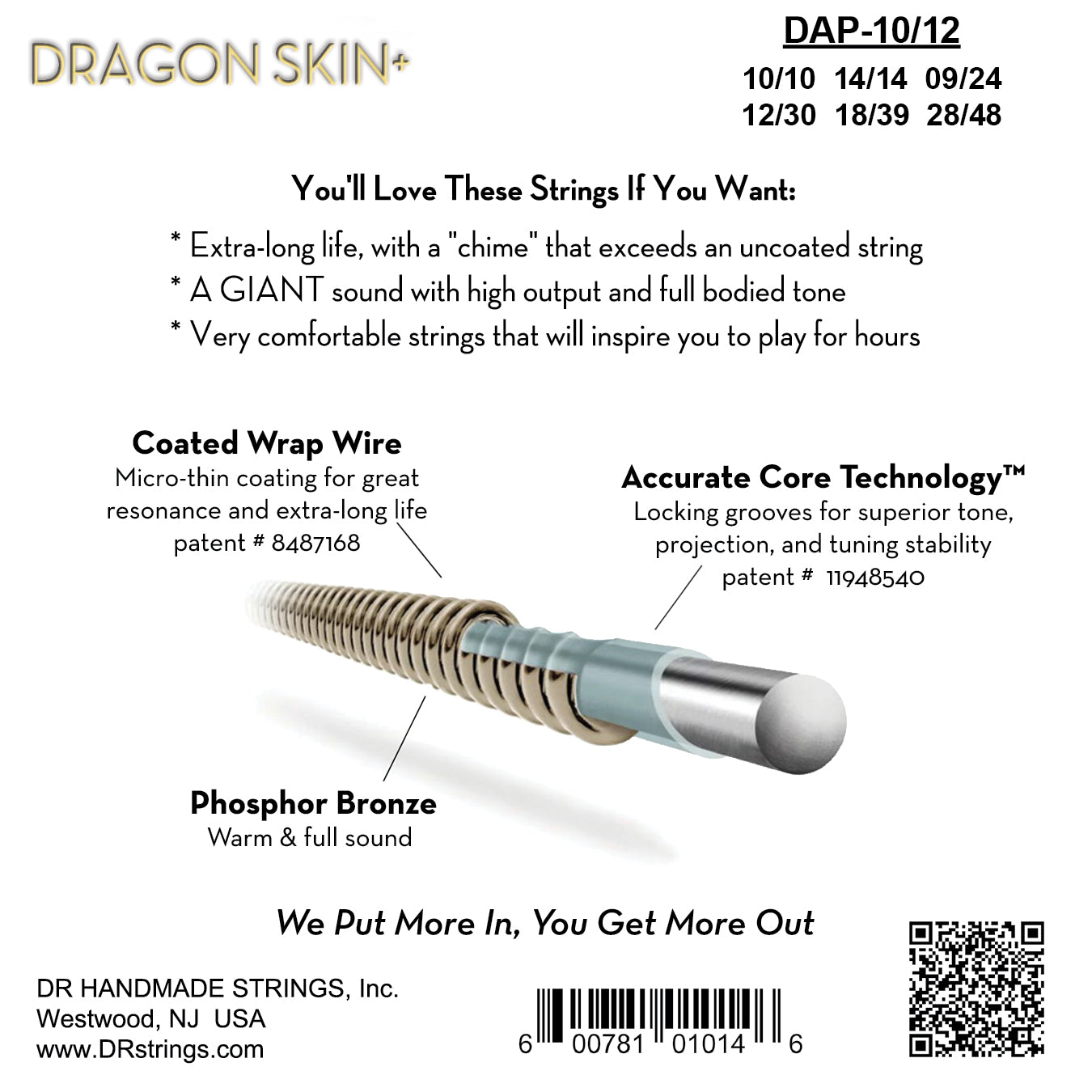 DR Strings DR DRAGON SKIN+ Accurate Core Coated Phosphor Bronze Acoustic Guitar 12-String Set - 10-48 Light DAP-10/12