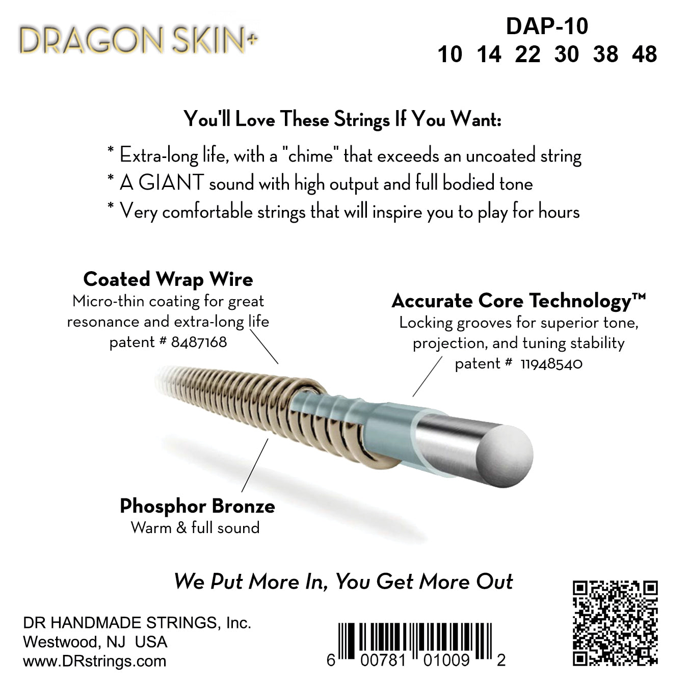 DR Strings DR DRAGON SKIN+ Accurate Core Coated Phosphor Bronze Acoustic Guitar String Set - 10-48 Extra Light DAP-10