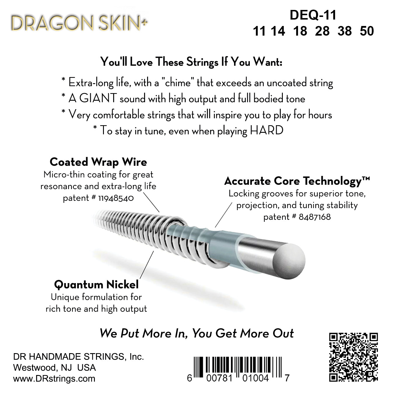 DR Strings DR DRAGON SKIN+ Accurate Core Coated Electric Guitar String Set - 11-50 Heavy DEQ-11