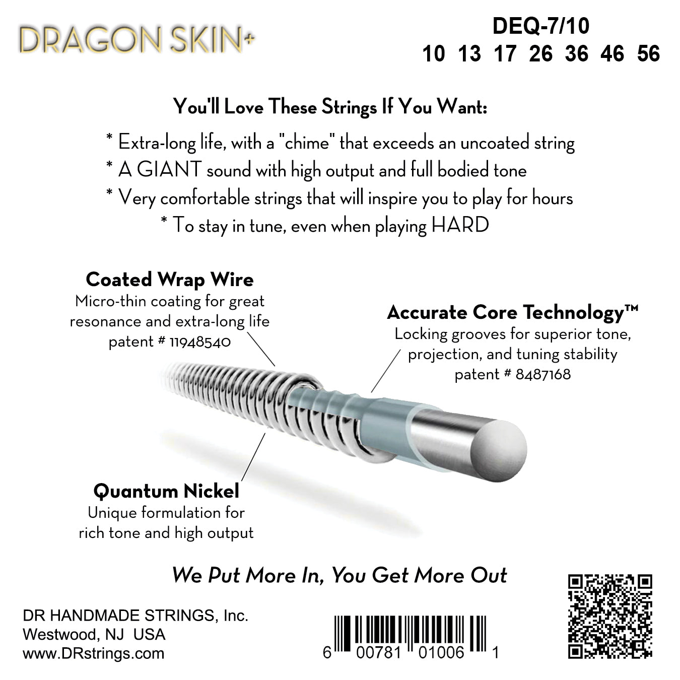 DR Strings DR DRAGON SKIN+ Accurate Core Coated Electric Guitar 07-String Set - 10-56 Medium DEQ7-10