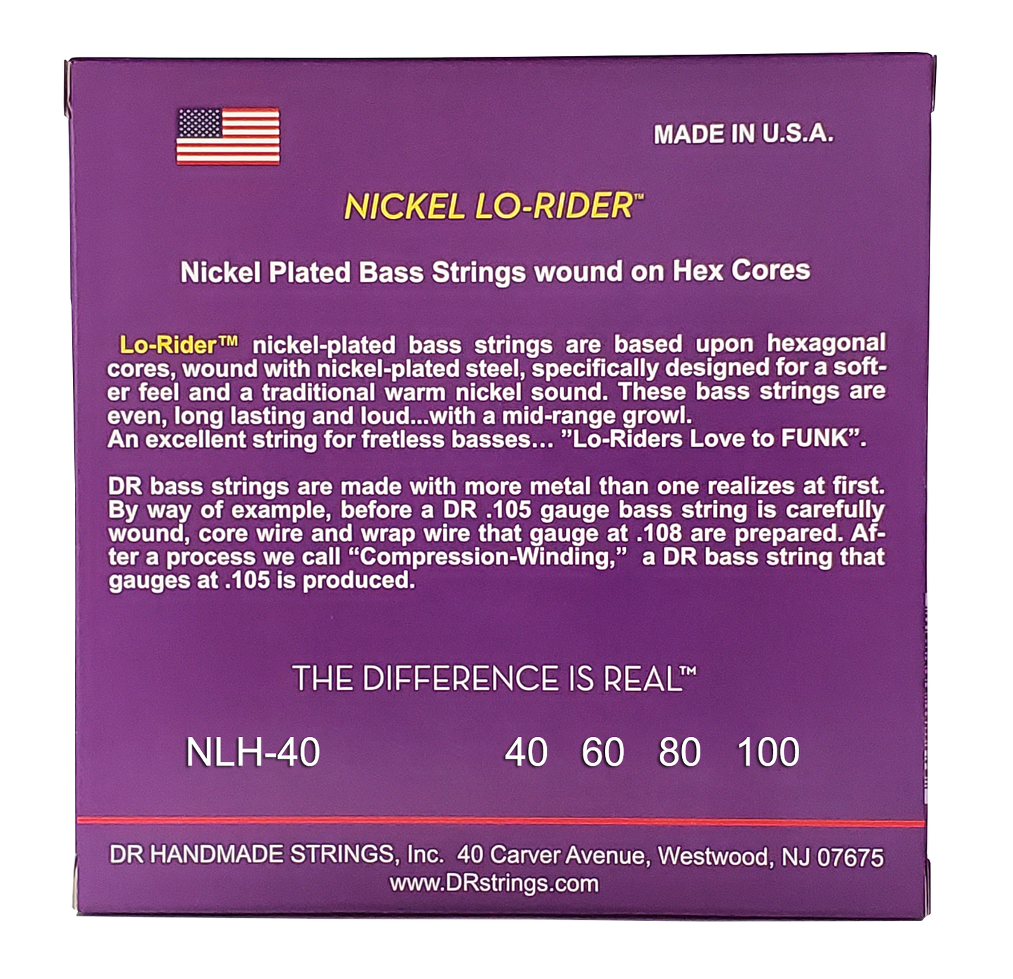 DR Strings DR Nickel Lo-Rider Nickel Plated Steel Electric Bass Strings Long Scale Set - 4-String 40-100 Light NLH-40