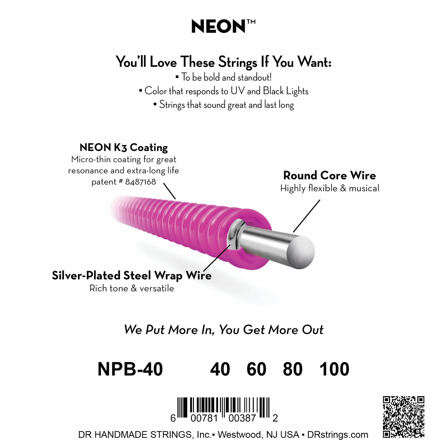 DR Strings DR NEON Pink Coated Electric Bass Strings Long Scale Set - 4-String 40-100 NPB-40