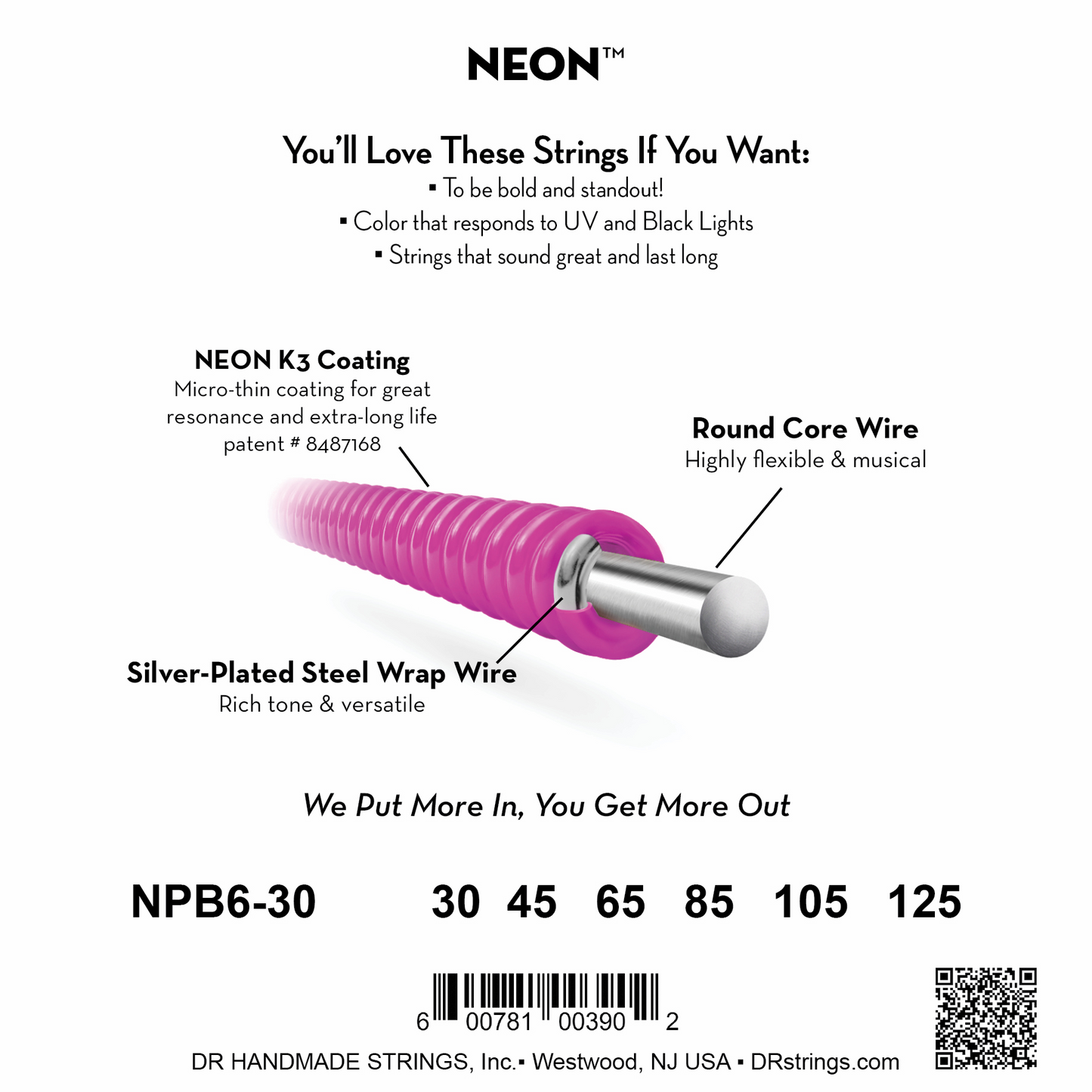 DR Strings DR NEON Pink Coated Electric Bass Strings Long Scale Set - 6-String 30-125 NPB5-30