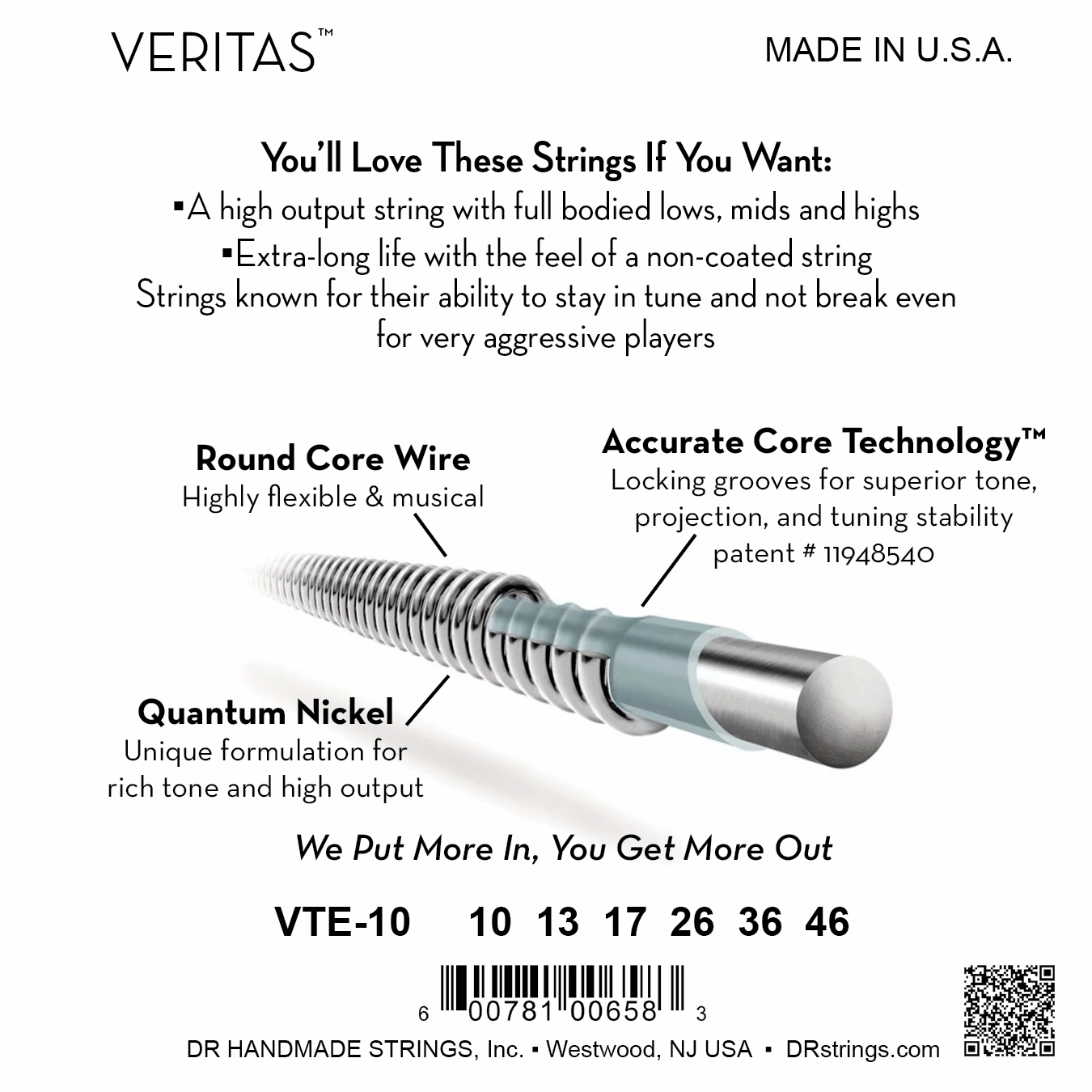 DR Strings DR Veritas Accurate Core Coated Electric Guitar String Set - 10-46 Medium VTE-10