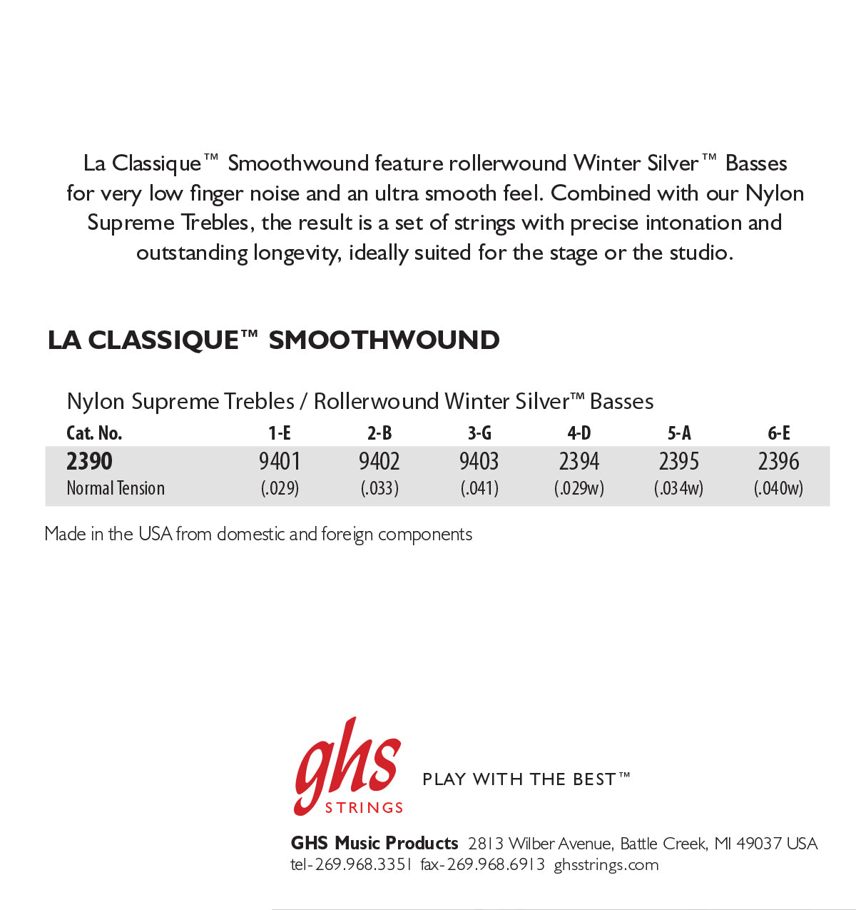 GHS Strings GHS La Classique Smoothwound Nylon Classical Guitar 06-String Set - 29-40 Normal Tension 2390
