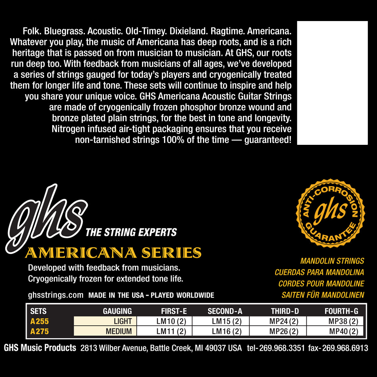 GHS Strings GHS Americana Series Mandolin Phosphor Bronze 04-String Set - 11-40 Medium A275