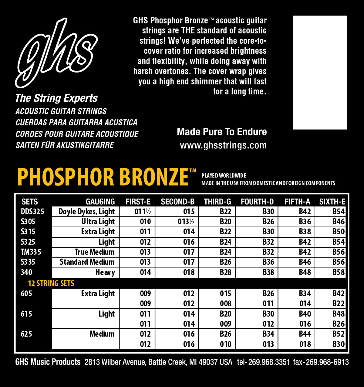 GHS Strings GHS Phosphor Bronze Acoustic Guitar String Set - 13-56 Standard Medium S335