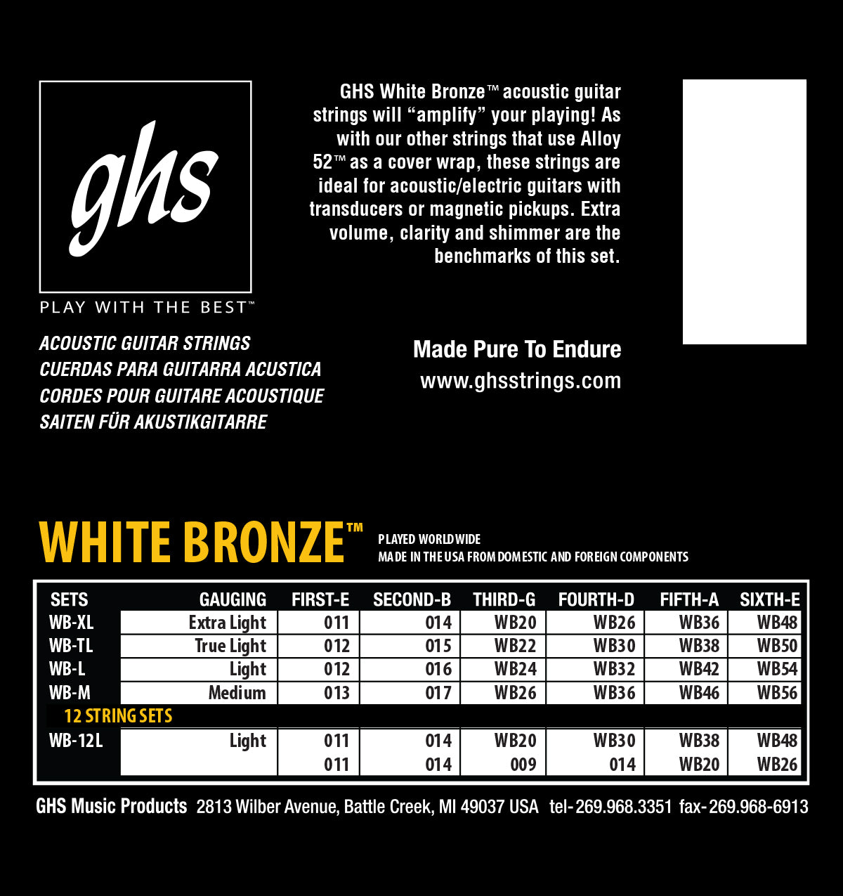 GHS Strings GHS White Bronze Acoustic Guitar String Set - 12-54 Standard Light WB-L