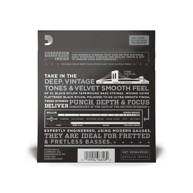 D'Addario D'Addario Black Nylon Tapewound Bass String Set Long Scale - 4-String 50-105 Medium ETB92