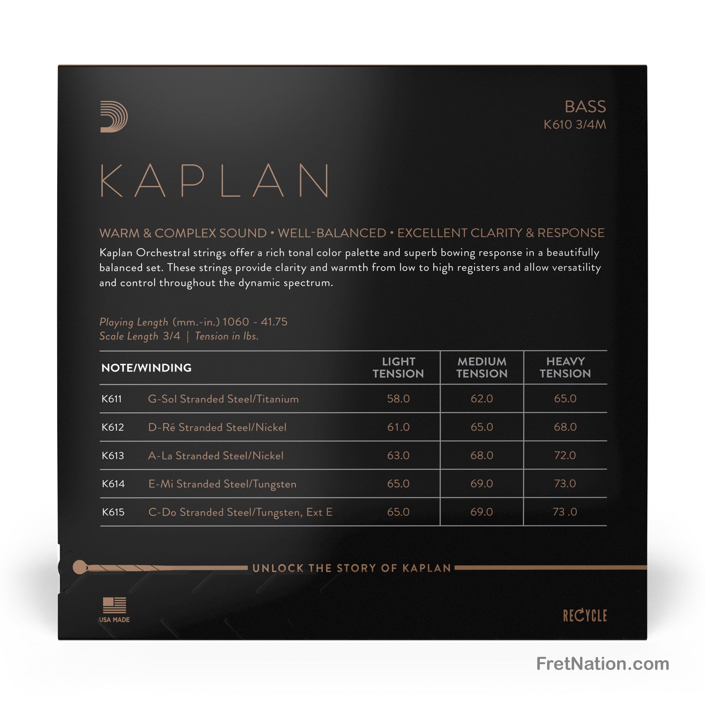 D'Addario D'Addario Kaplan 3/4 Scale Double Bass String Set - K610 3/4M Medium