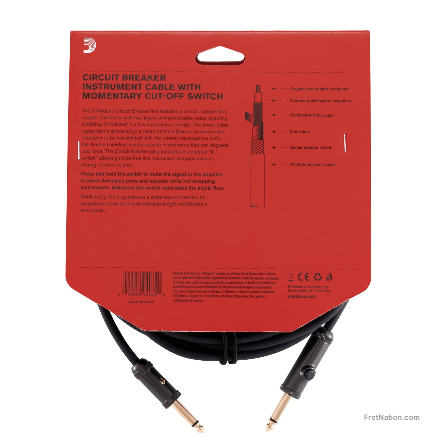 D'Addario D'Addario Circuit Breaker Momentary Mute Instrument Cable 20-Foot 1/4" - PW-AG-20