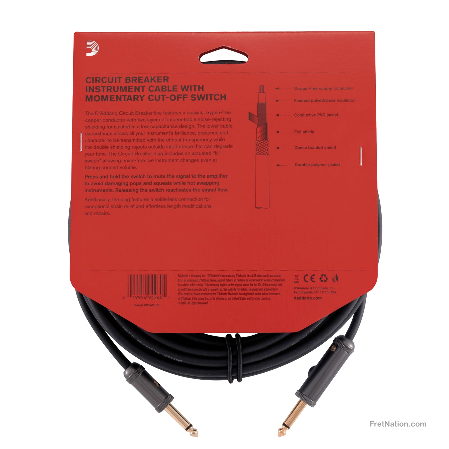 D'Addario D'Addario Circuit Breaker Momentary Mute Instrument Cable 30-Foot 1/4" - PW-AG-30