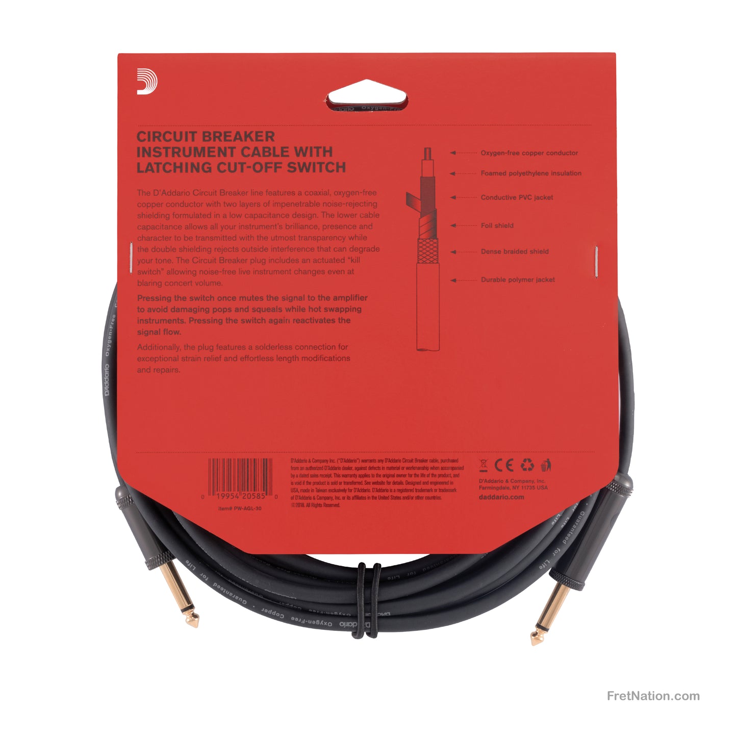 D'Addario D'Addario Circuit Breaker with Latching Cut-Off Switch 30-Foot 1/4" - PW-AGL-30