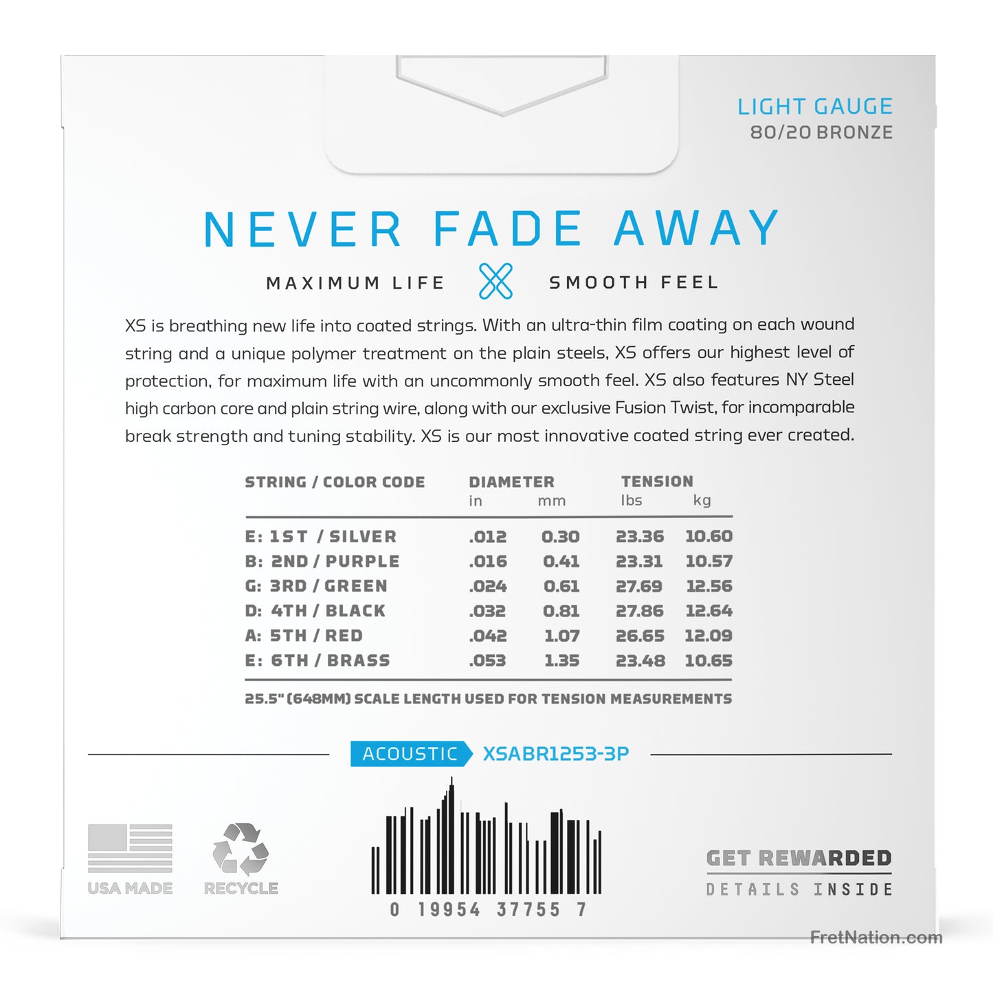 D'Addario D'Addario XS Coated 80/20 Bronze Acoustic Guitar 3-Pack - 6-String 12-53 Light XSABR1253-3P