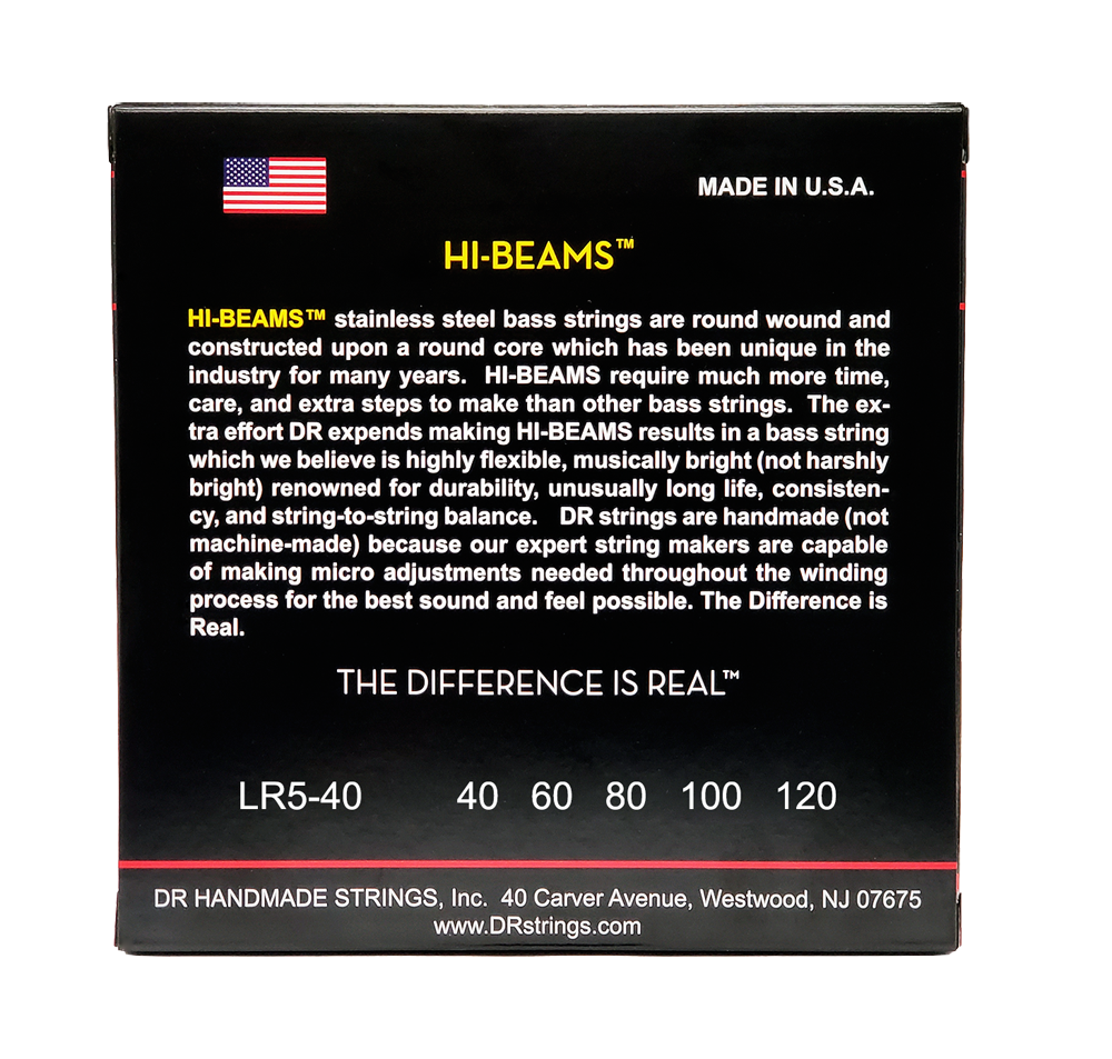 DR Strings DR Hi-Beam Stainless Steel Electric Bass Strings Long Scale Set - 5-String 40-120 Light LR5-40