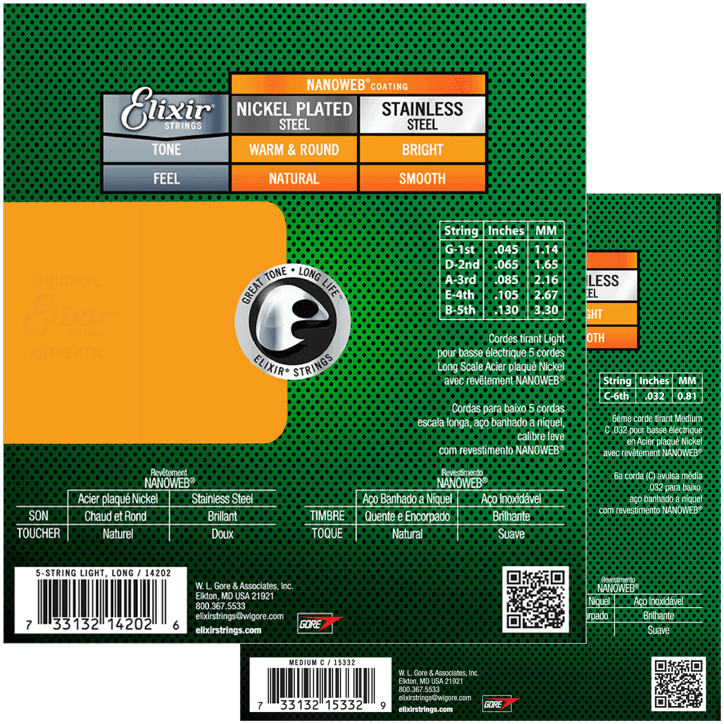 Elixir Elixir NANOWEB Coated Nickel Plated Steel Bass String Set Long Scale - 6-String 32-130 Medium 14202+15332