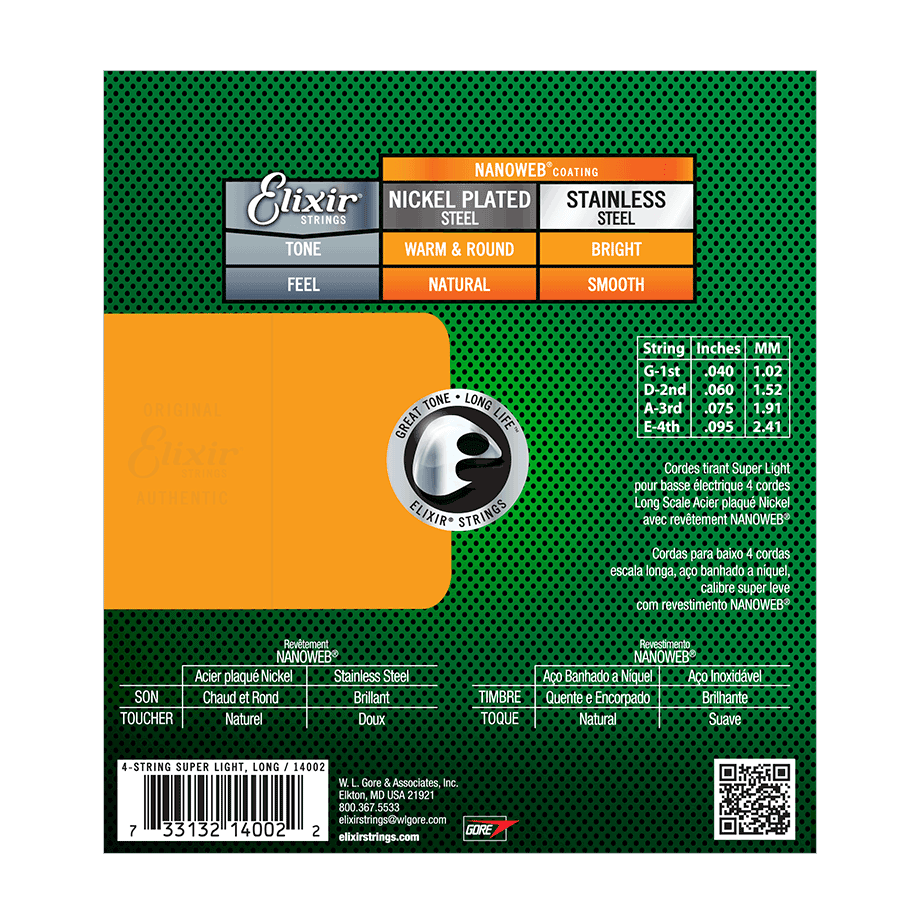 Elixir Elixir NANOWEB Coated Nickel Plated Steel Bass String Set Long Scale - 4-String 40-095 Super Light 14002