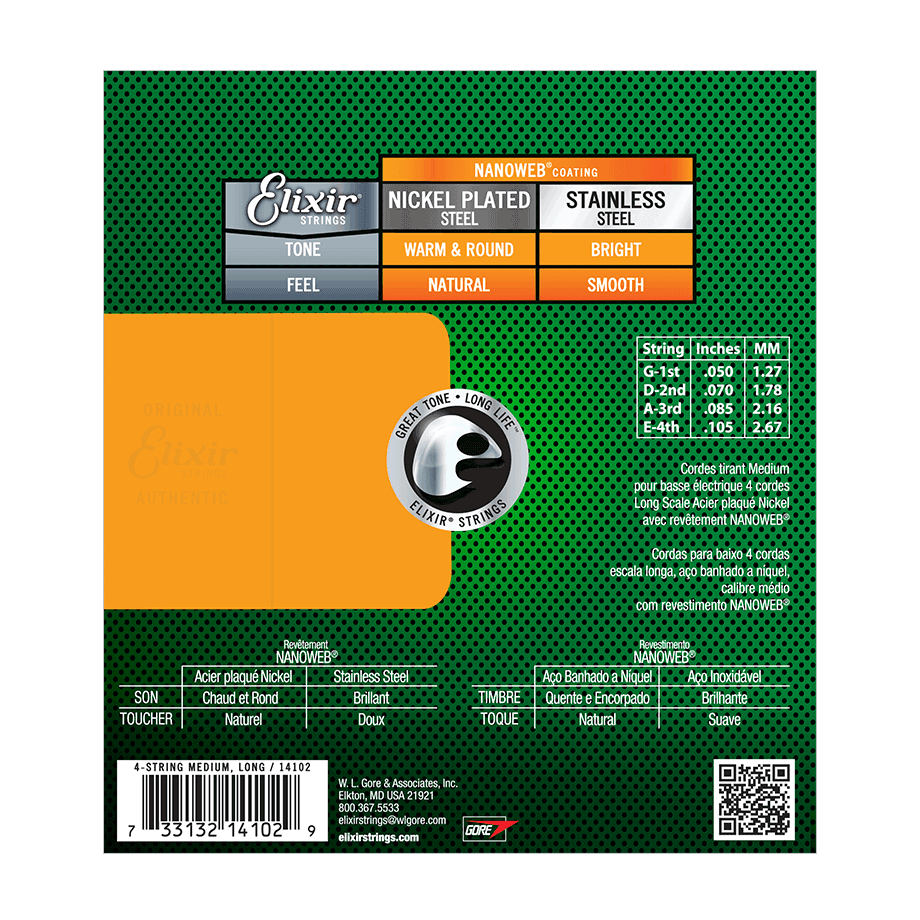 Elixir Elixir NANOWEB Coated Nickel Plated Steel Bass String Set Long Scale - 4-String 50-105 Medium 14102