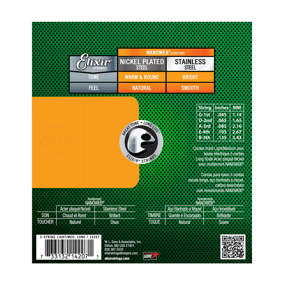 Elixir Elixir NANOWEB Coated Nickel Plated Steel Bass String Set Long Scale - 5-String 45-135 Light/Medium 14207
