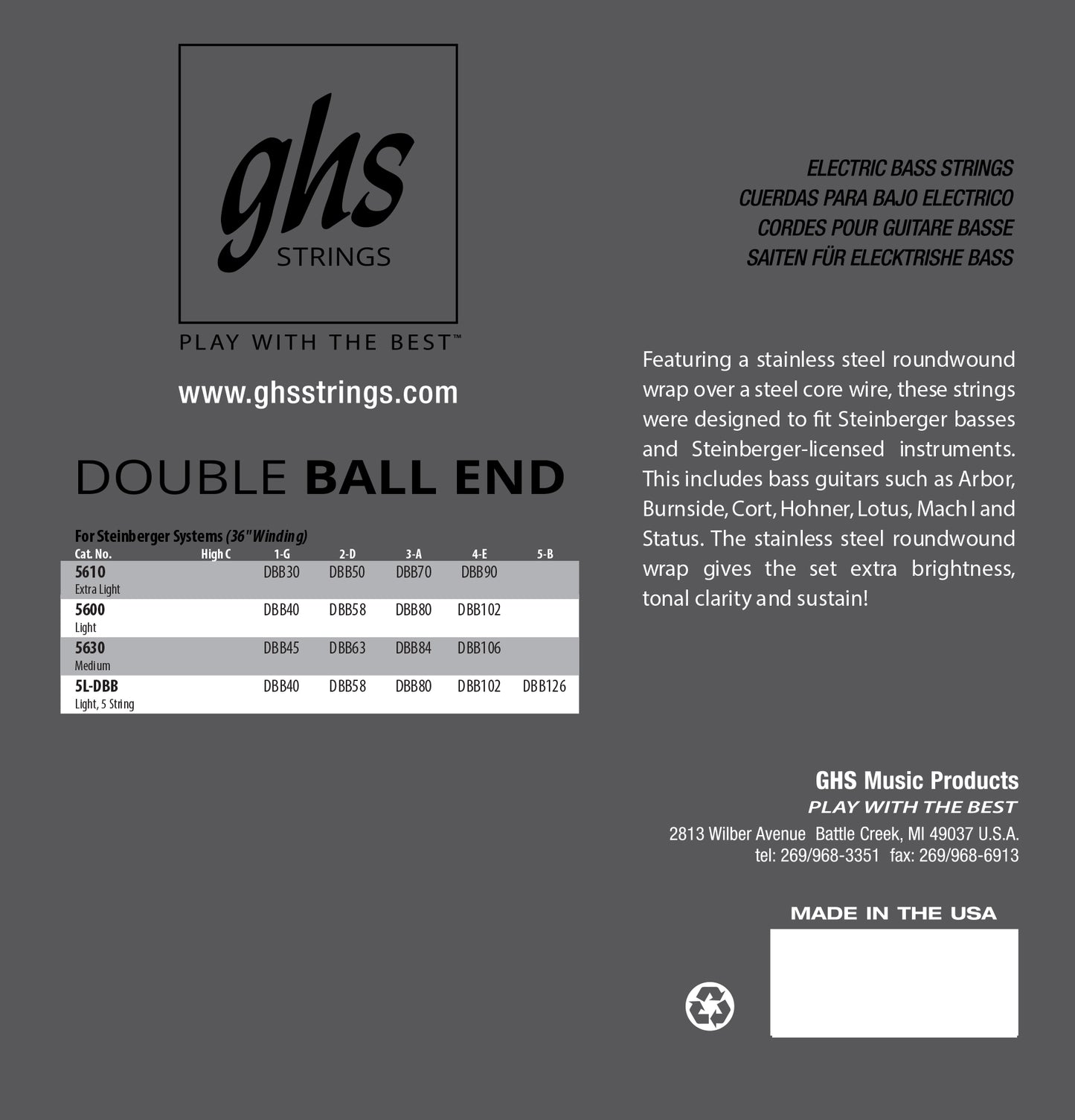GHS Strings GHS Double Ball End Stainless Steel Double Ball End Bass Strings - 5-String 40-126 5L-DBB