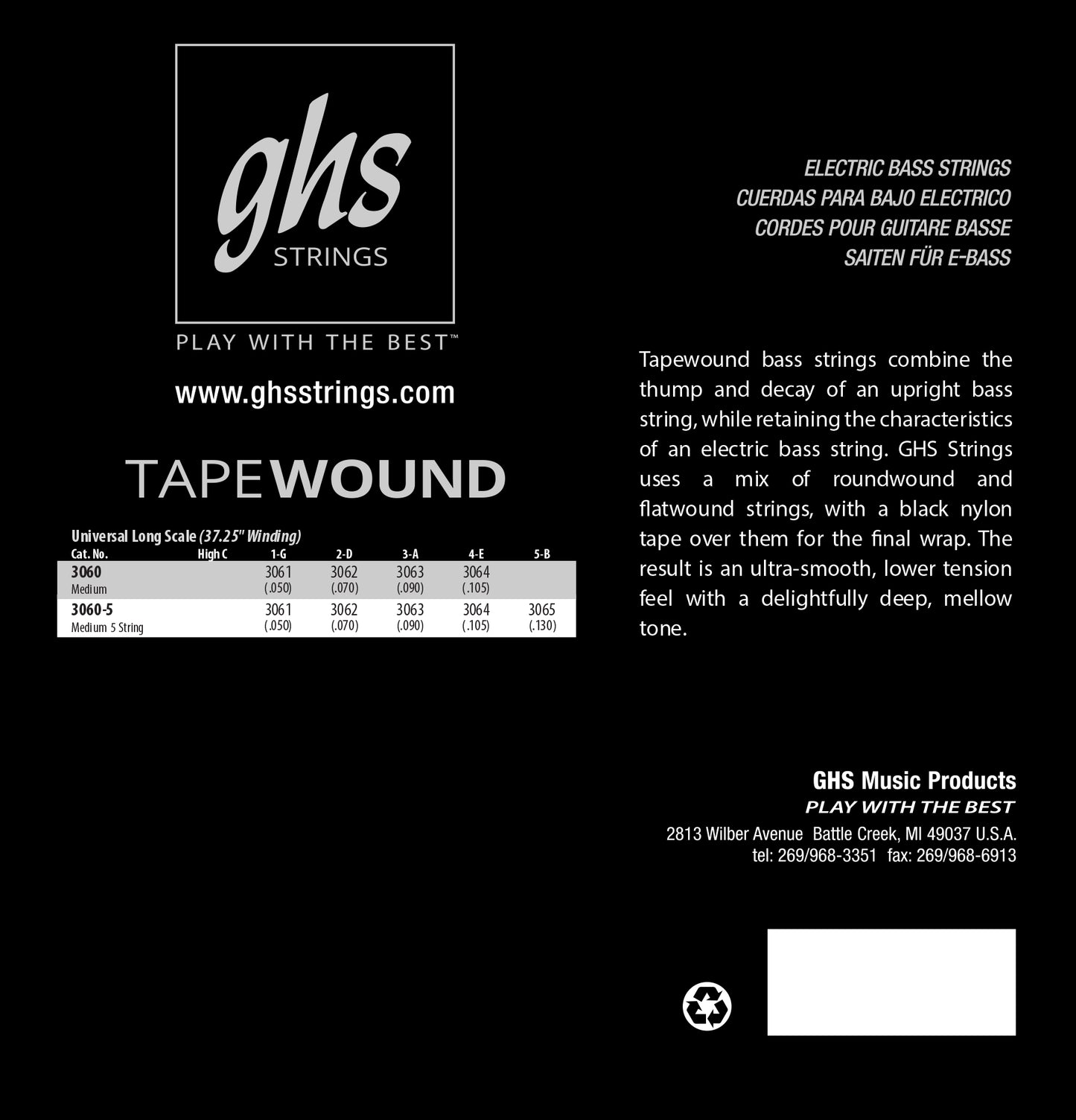 GHS Strings GHS Black Nylon Tapewound Bass Strings Long Scale - 4-String 50-105 Medium 3060