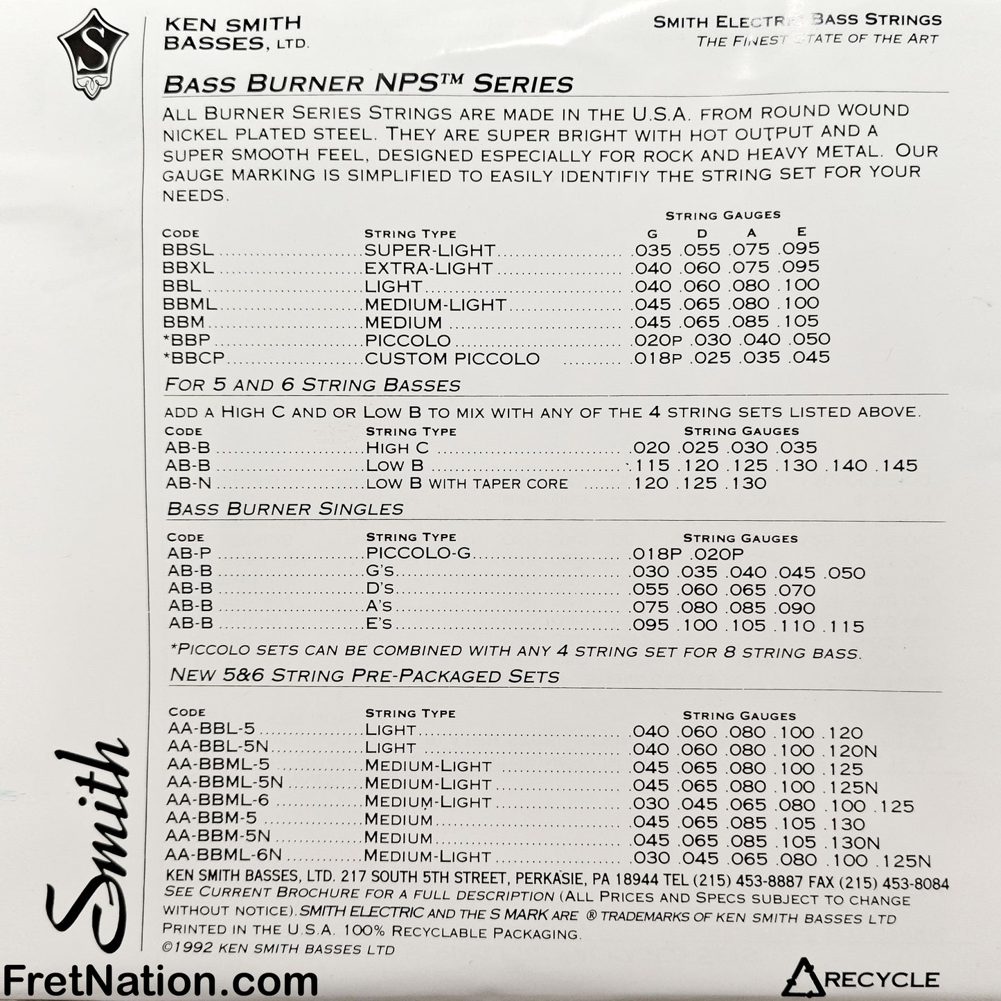 Ken Smith Ken Smith 5-String 40-120N Bass Burners Bass Strings - Tapered Core Light BBL-5TC