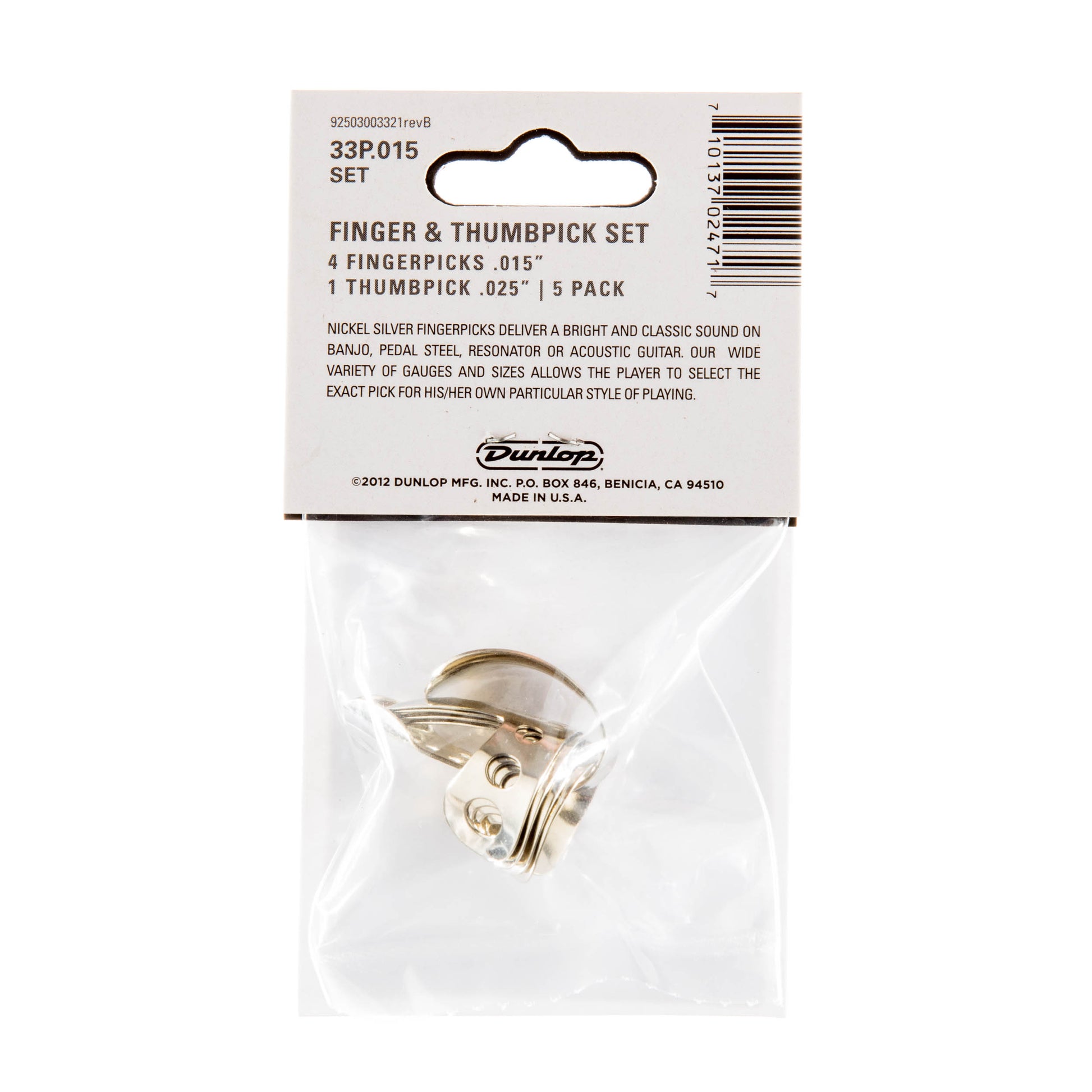 Jim Dunlop DUNLOP NICKEL SILVER FINGER & THUMBPICKS .015" GUITAR PICK PLAYER'S PACK 05-PACK - 33P015