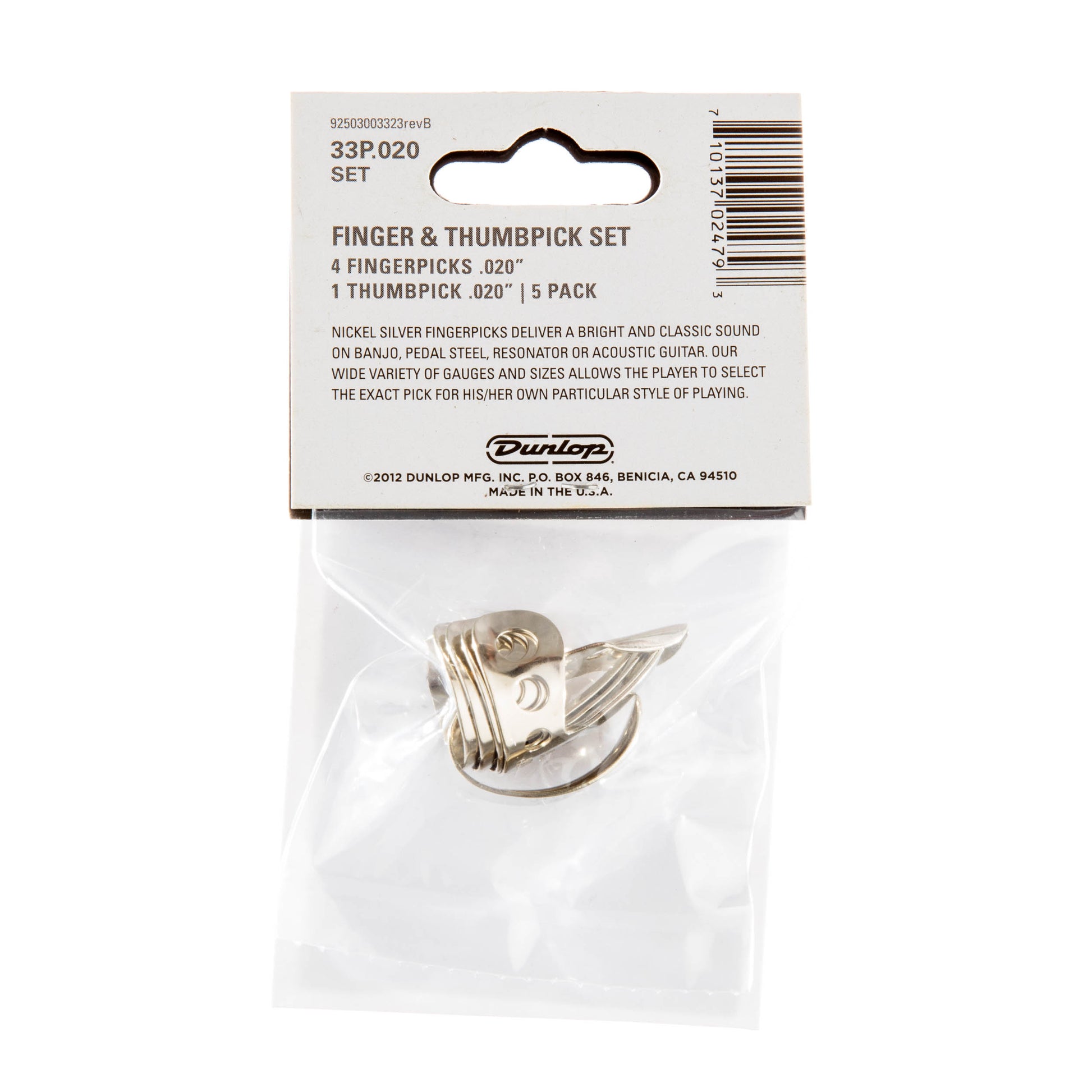 Jim Dunlop DUNLOP NICKEL SILVER FINGER & THUMBPICKS .020" GUITAR PICK PLAYER'S PACK 05-PACK - 33P020