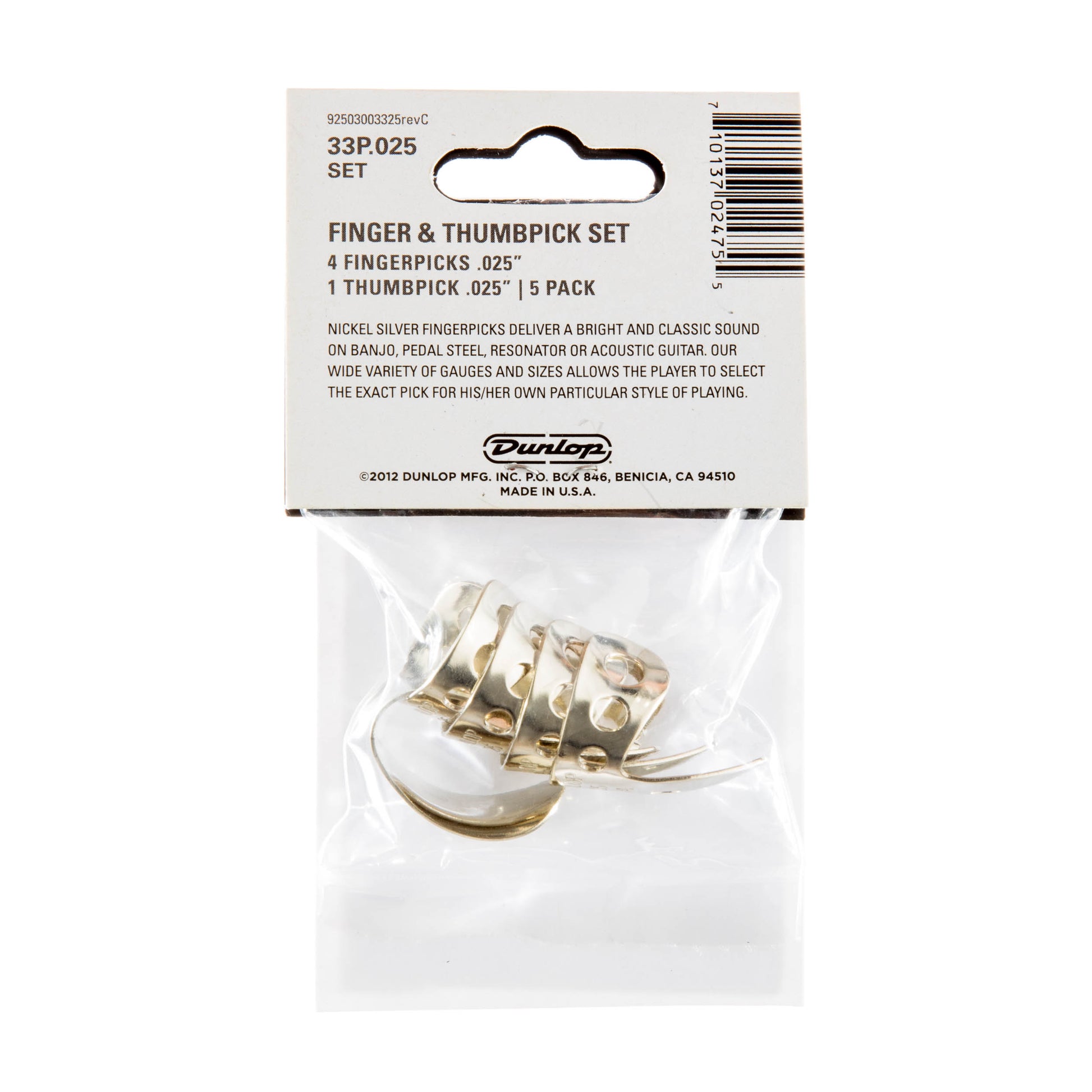 Jim Dunlop DUNLOP NICKEL SILVER FINGER & THUMBPICKS .025" GUITAR PICK PLAYER'S PACK 05-PACK - 33P025