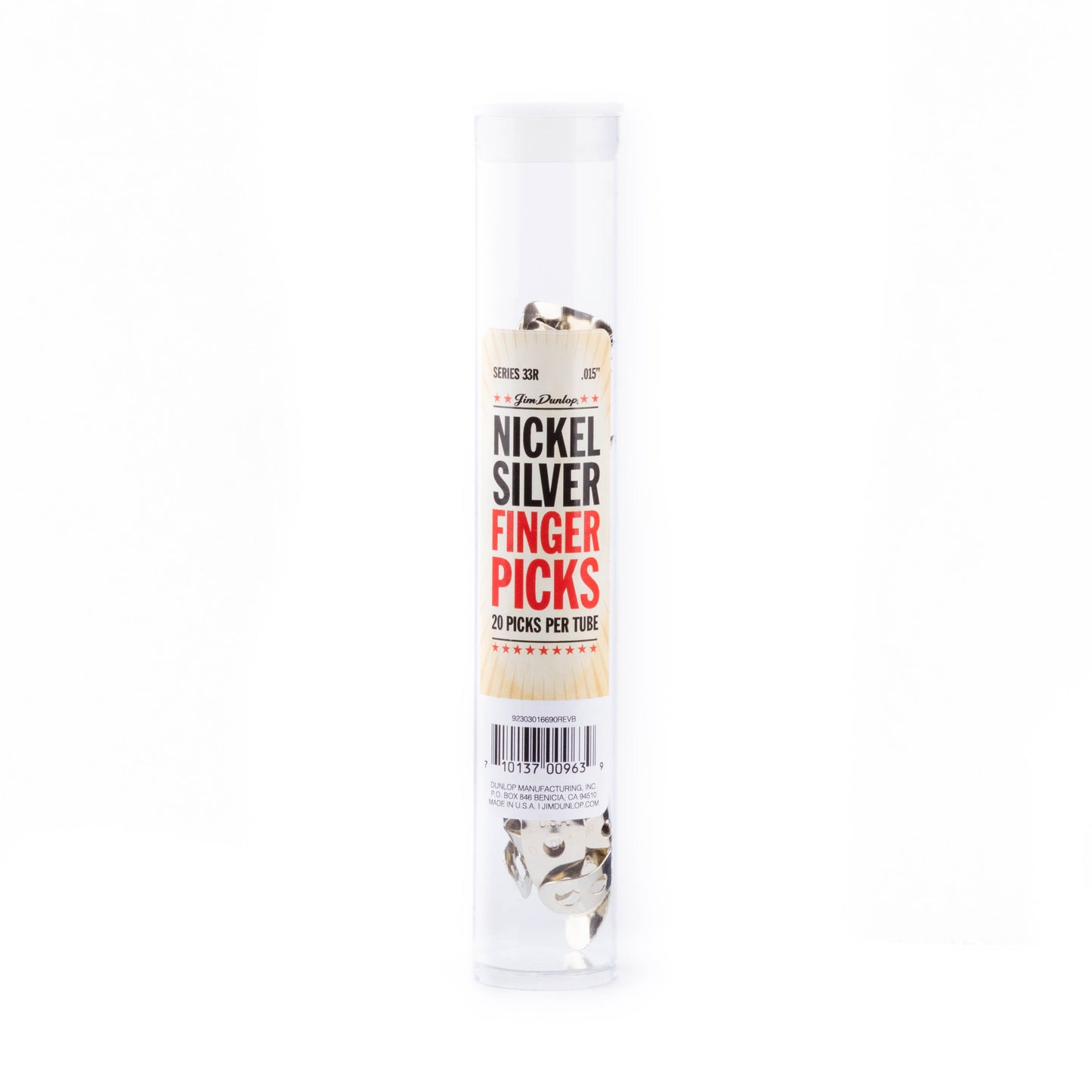 Jim Dunlop DUNLOP NICKEL SILVER FINGER & THUMBPICKS .015" GUITAR PICK REFILL TUBE 20-PACK - 33R015