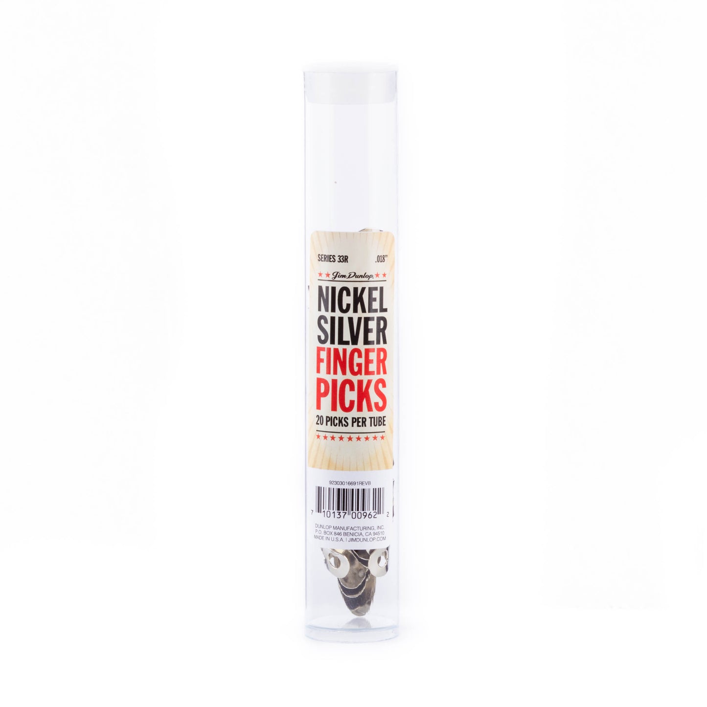 Jim Dunlop DUNLOP NICKEL SILVER FINGER & THUMBPICKS .018" GUITAR PICK REFILL TUBE 20-PACK - 33R018