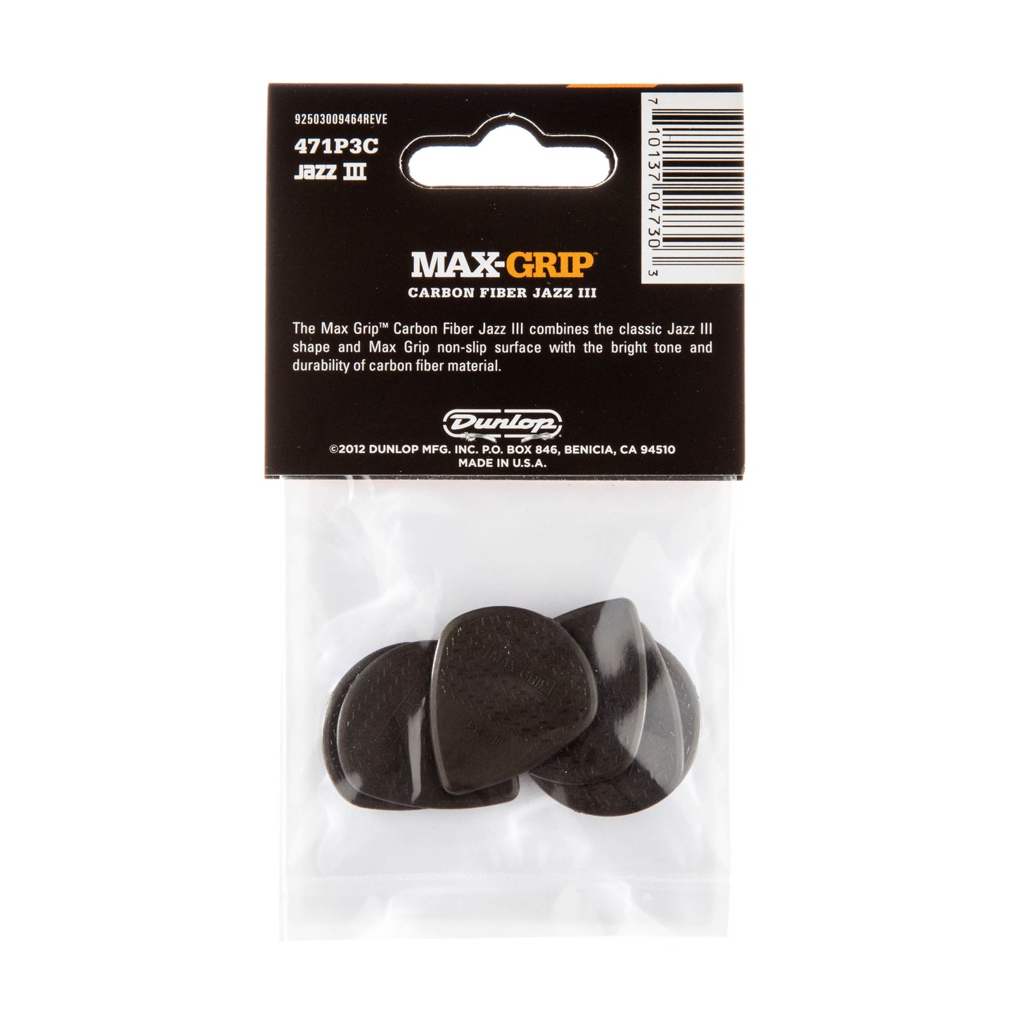 Jim Dunlop DUNLOP MAX GRIP JAZZ III 1.38mm CARBON FIBER NYLON GUITAR PICK PLAYER'S PACK 06-PACK - 471P3C