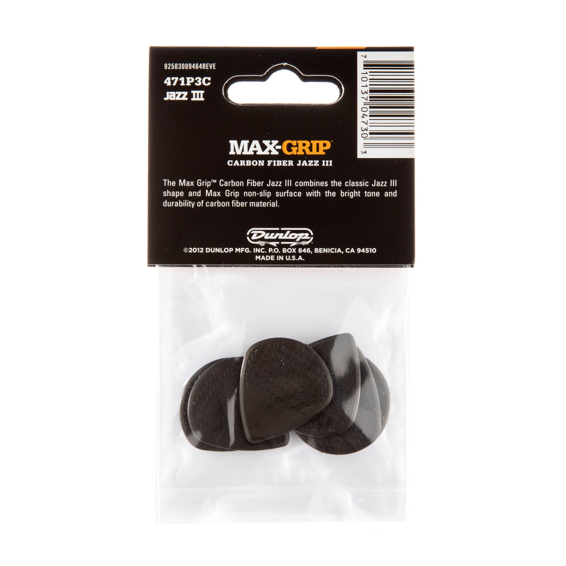 Jim Dunlop DUNLOP MAX GRIP JAZZ III 1.38mm CARBON FIBER NYLON GUITAR PICK PLAYER'S PACK 06-PACK - 471P3C
