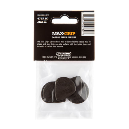 Jim Dunlop DUNLOP MAX GRIP JAZZ III 1.38mm CARBON FIBER NYLON GUITAR PICK PLAYER'S PACK 06-PACK - 471P3C