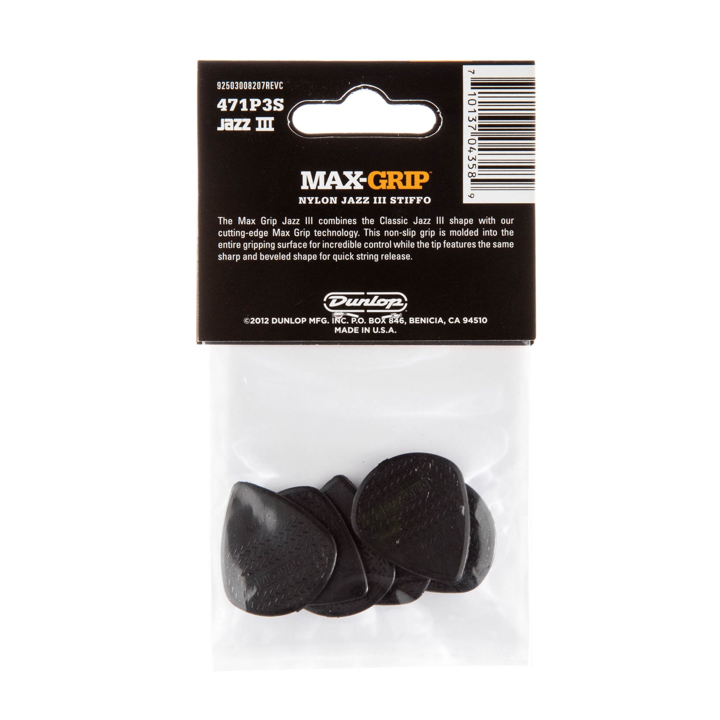 Jim Dunlop DUNLOP MAX GRIP JAZZ III 1.38mm NYLON STIFFO GUITAR PICK PLAYER'S PACK 06-PACK - 471P3S