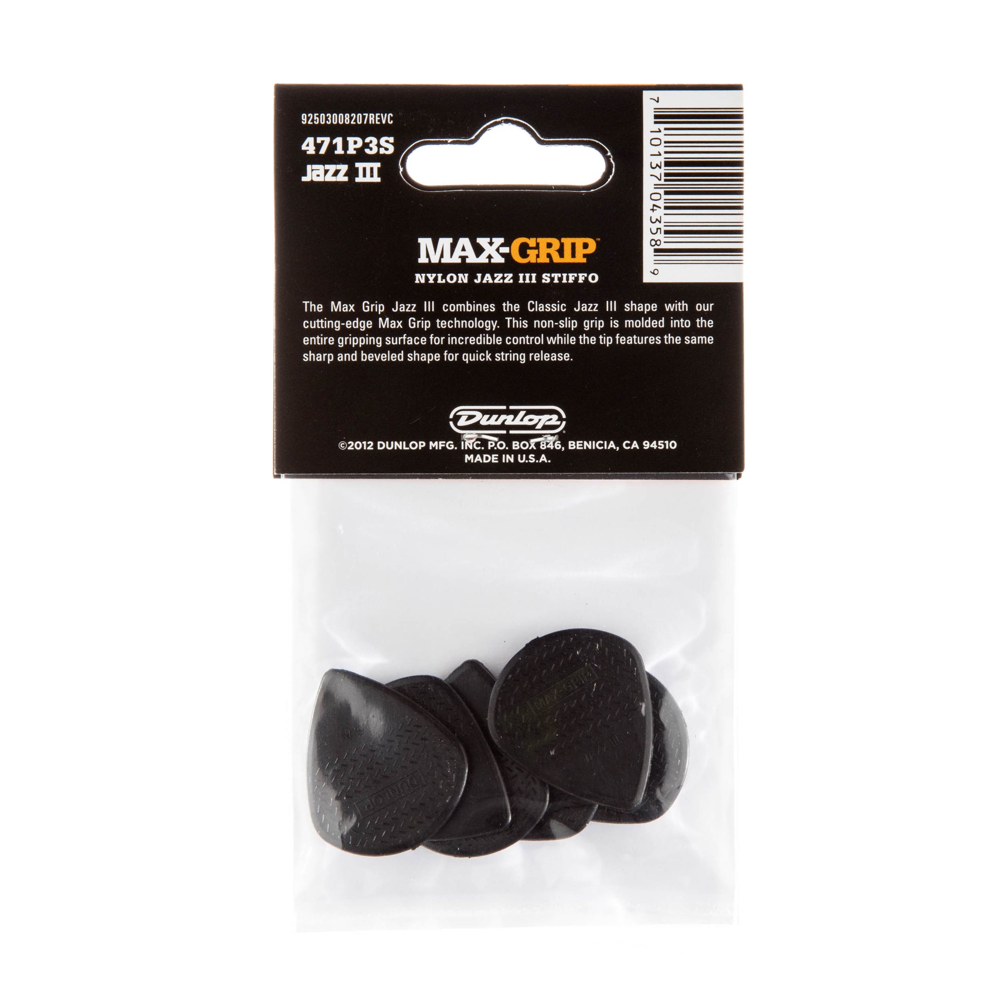 Jim Dunlop DUNLOP MAX GRIP JAZZ III 1.38mm NYLON STIFFO GUITAR PICK PLAYER'S PACK 06-PACK - 471P3S