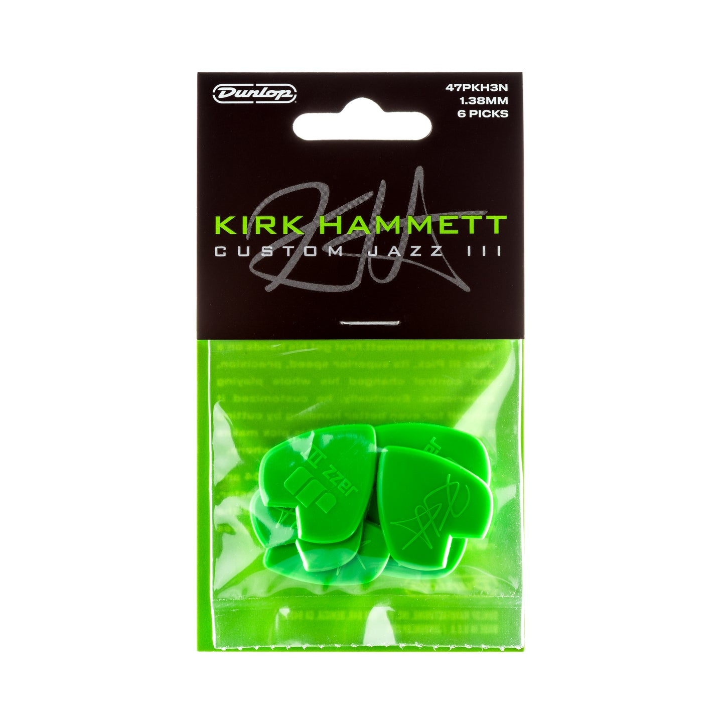 Jim Dunlop DUNLOP KIRK HAMMETT 1.38mm JAZZ III GREEN GUITAR PICK PLAYER'S PACK 06-PACK - 47PKH3N