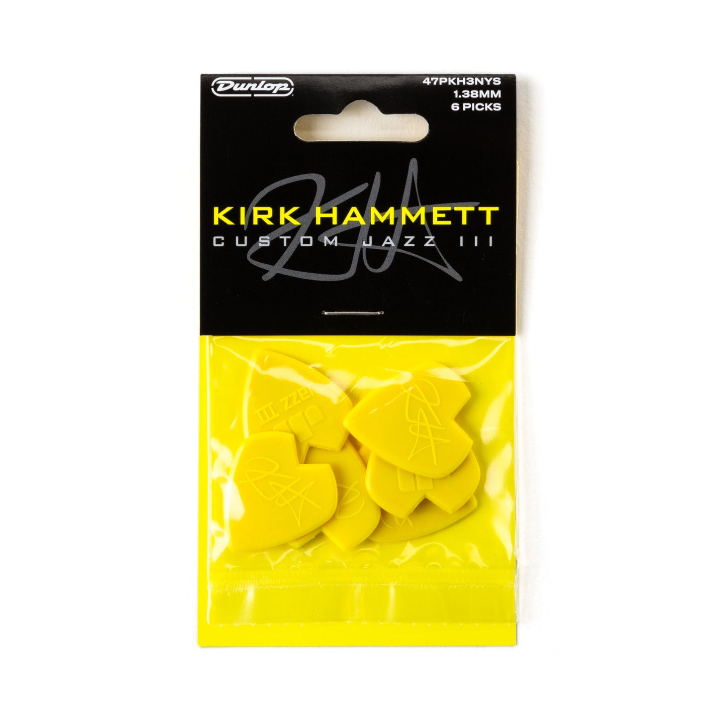 Jim Dunlop DUNLOP KIRK HAMMETT 1.38mm JAZZ III YELLOW GLITTER GUITAR PICK PLAYER'S PACK 06-PACK - 47PKH3NYS