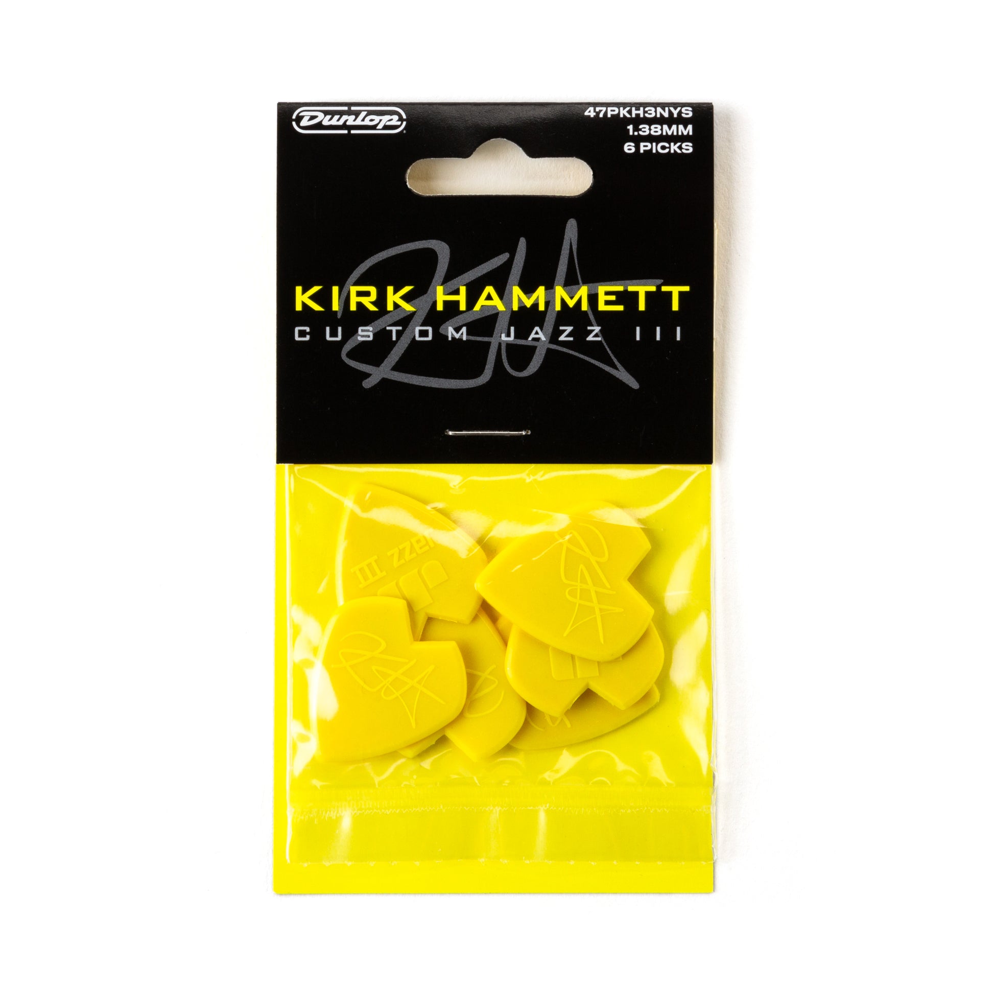 Jim Dunlop DUNLOP KIRK HAMMETT 1.38mm JAZZ III YELLOW GLITTER GUITAR PICK PLAYER'S PACK 06-PACK - 47PKH3NYS