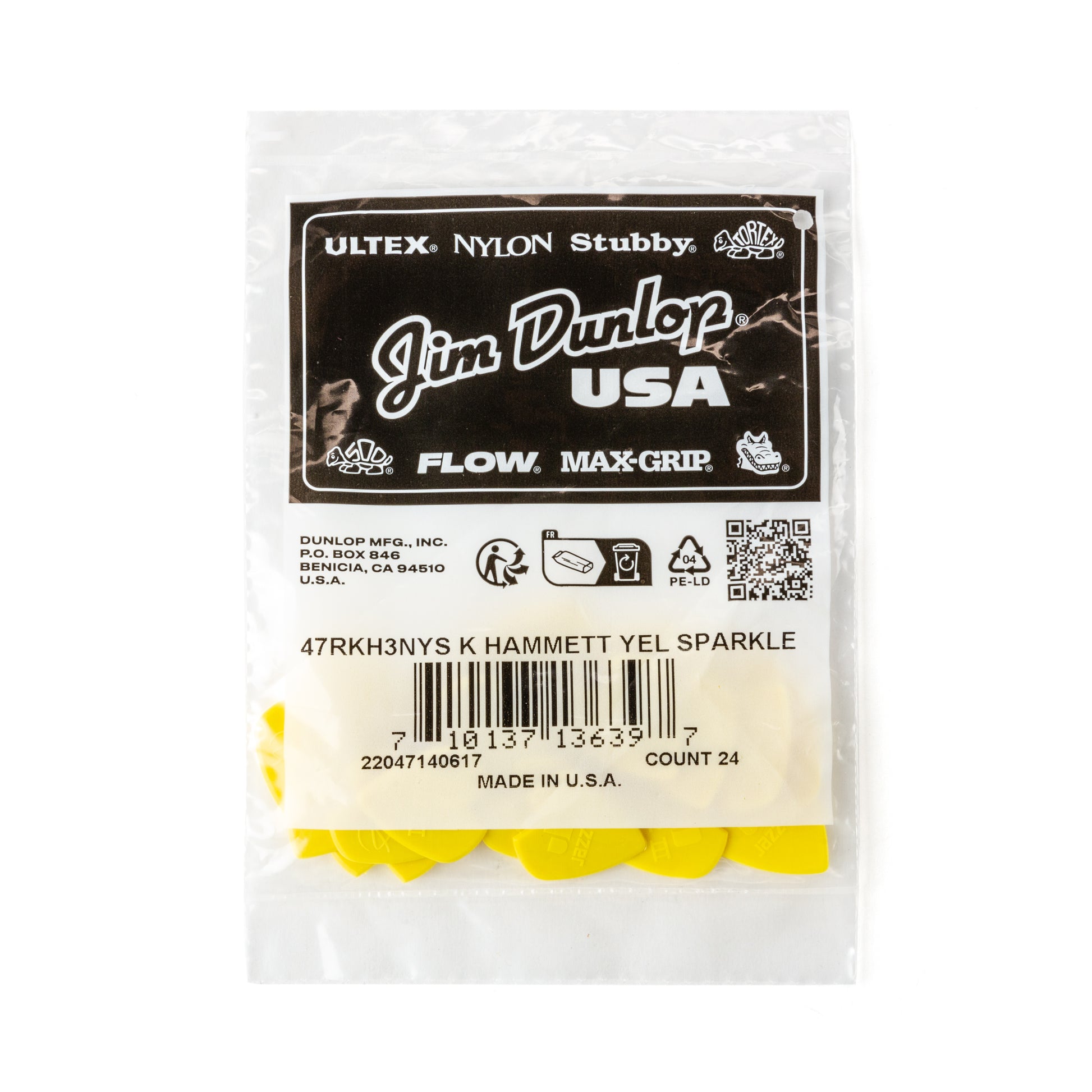 Jim Dunlop DUNLOP KIRK HAMMETT 1.38mm JAZZ III YELLOW GLITTER GUITAR PICK REFILL BAG 24-PACK - 47RKH3NYS