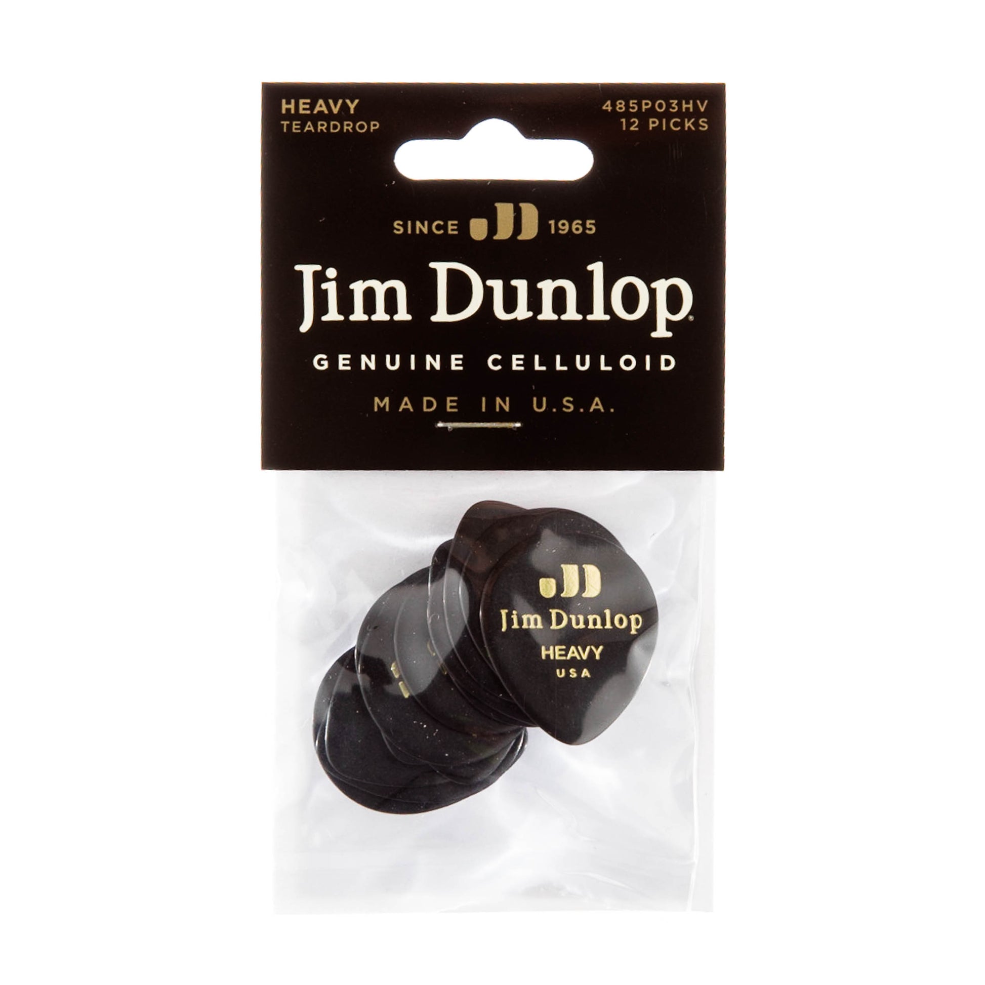 Jim Dunlop DUNLOP CELLULOID BLACK TEARDROP GUITAR PICK PLAYER'S PACK 12-PACK HEAVY - 485P03HV