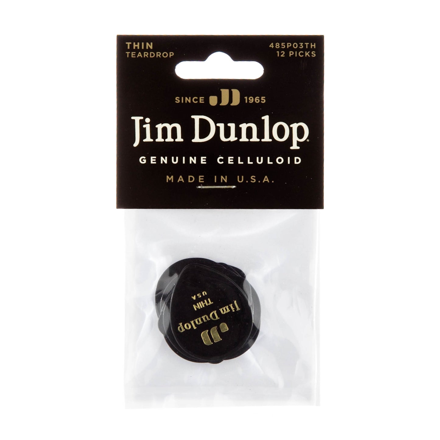 Jim Dunlop DUNLOP CELLULOID BLACK TEARDROP GUITAR PICK PLAYER'S PACK 12-PACK THIN - 485P03TH
