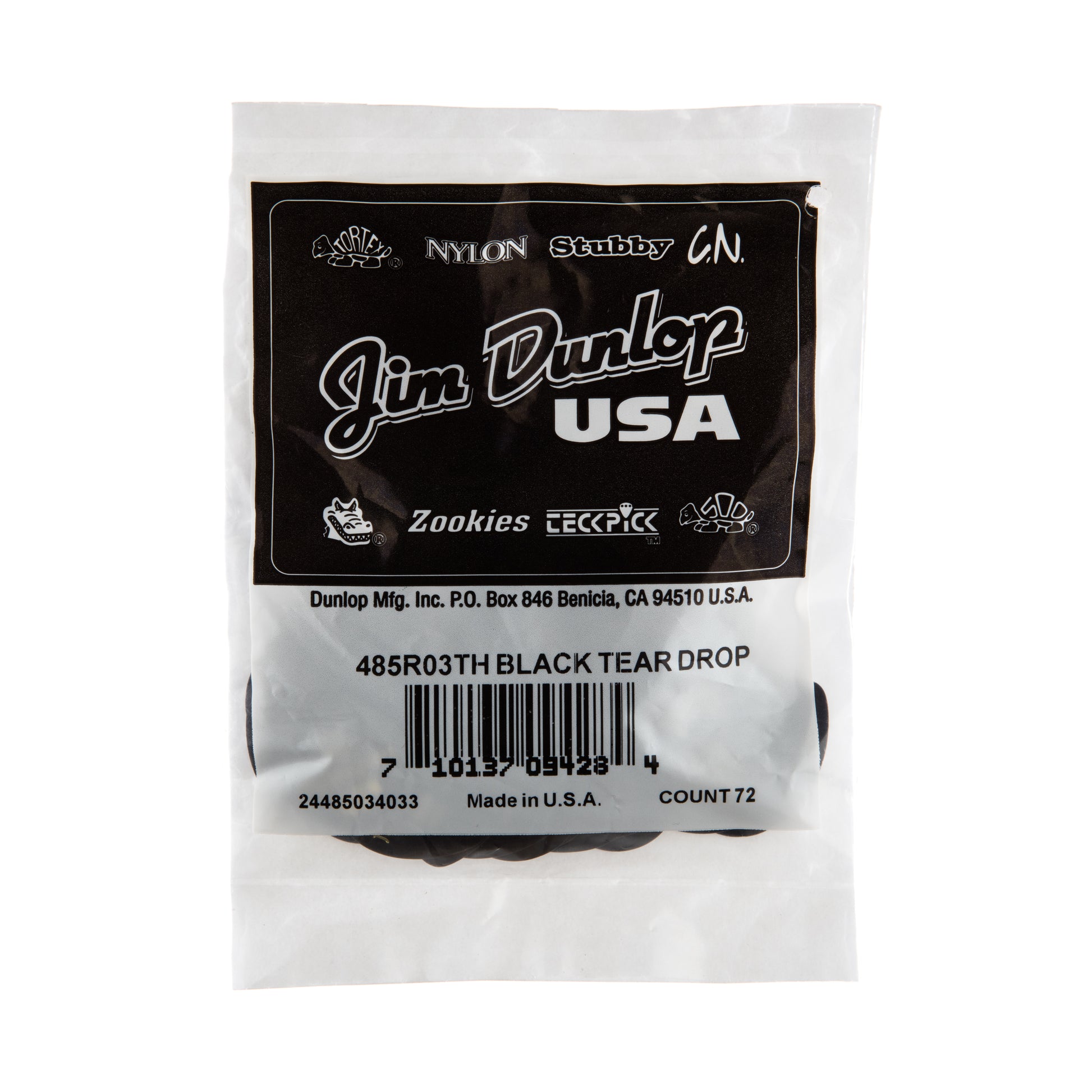 Jim Dunlop DUNLOP CELLULOID BLACK TEARDROP GUITAR PICK REFILL BAG 72-PACK THIN - 485R03TH