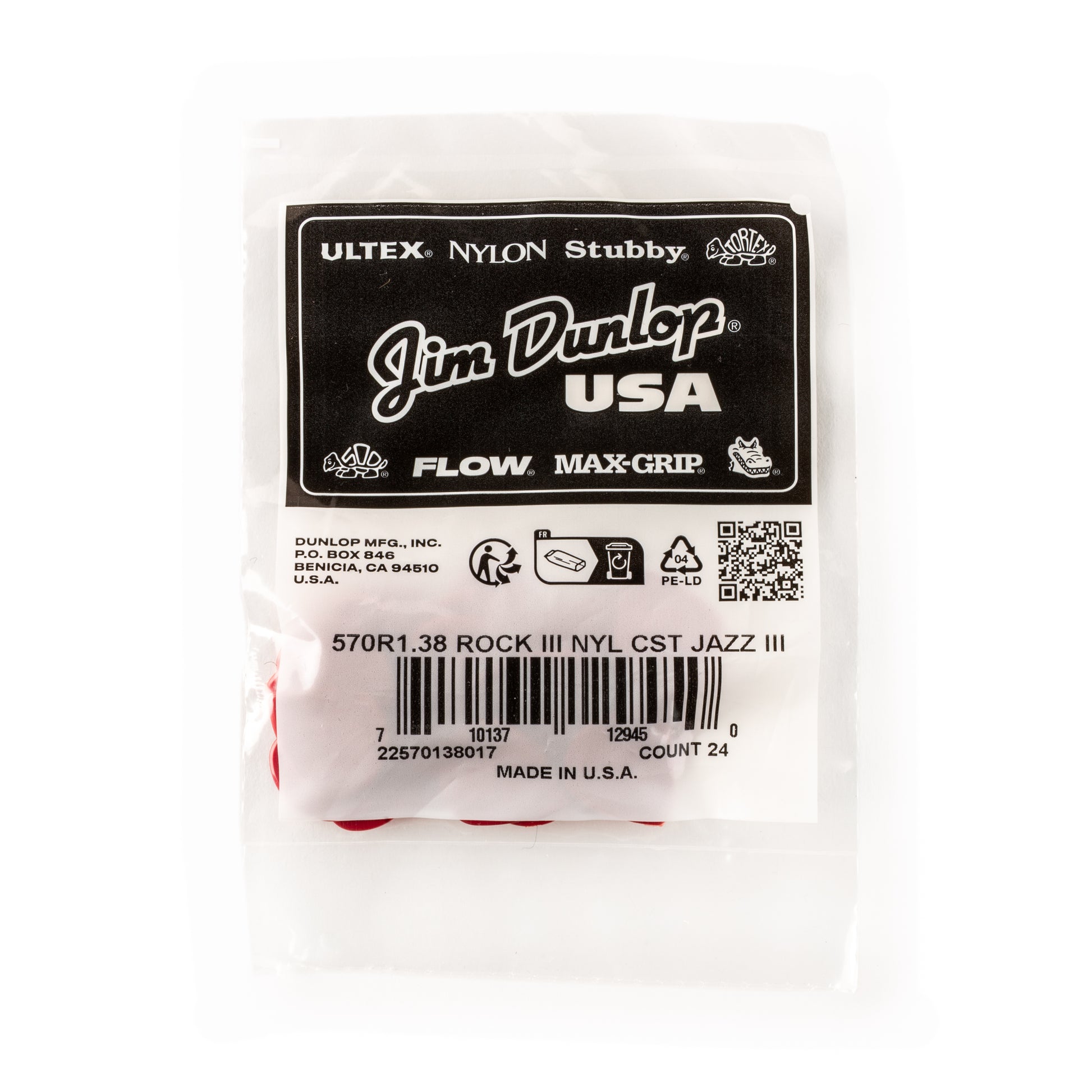Jim Dunlop DUNLOP ROCK III NYLON 1.38mm CUSTOM JAZZ III GUITAR PICK REFILL BAG 24-PACK - 570R138