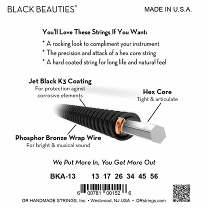 DR Strings DR BLACK BEAUTIES HI-PERFORMANCE Color Coated Acoustic Guitar String Set - 13-56 Medium BKA-13