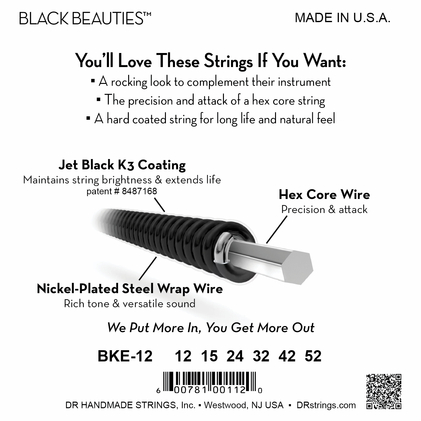 DR Strings DR Black Beauties Hi-Performance Coated Electric Guitar String Set - 12-52 Extra Heavy BKE-12