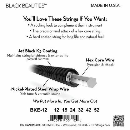 DR Strings DR Black Beauties Hi-Performance Coated Electric Guitar String Set - 12-52 Extra Heavy BKE-12
