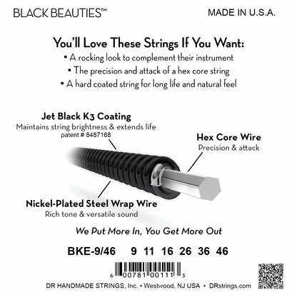 DR Strings DR Black Beauties Hi-Performance Coated Electric Guitar String Set - 09-46 Light-Medium BKE-9/46