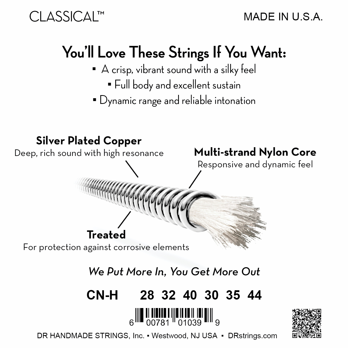 DR Strings DR Classical Nylon Silver Plated Acoustic Guitar String Set - 28-44 Medium CN-H