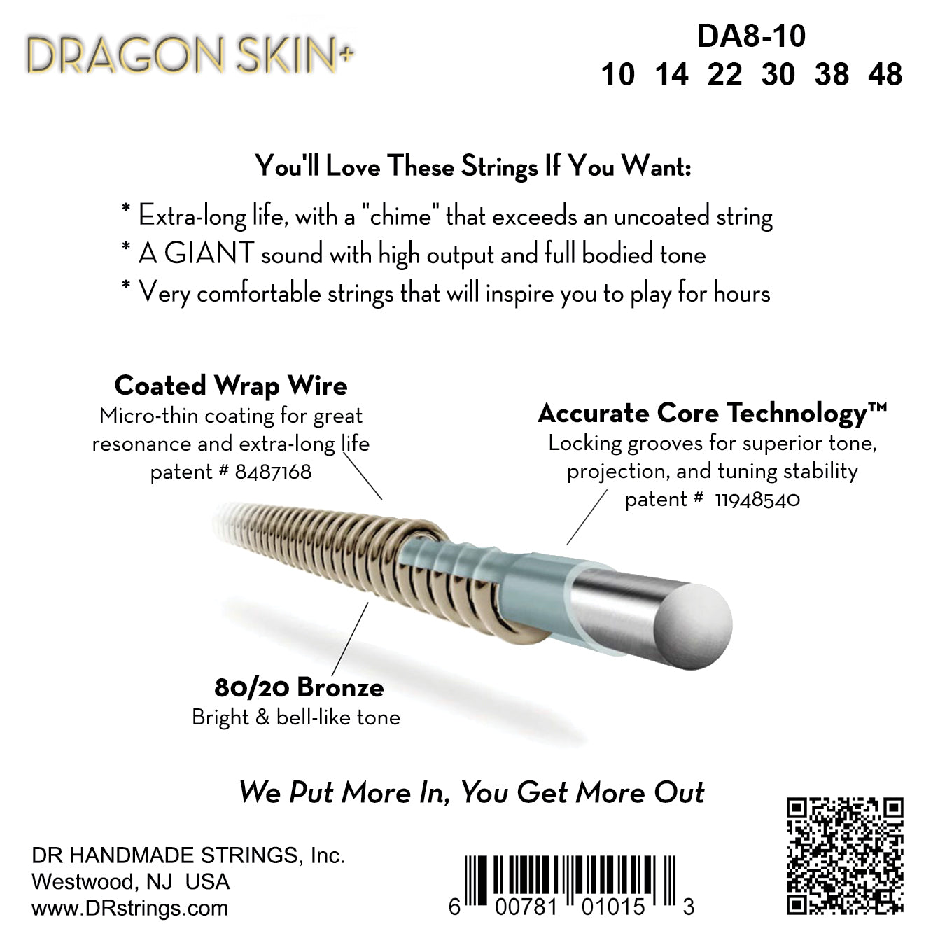 DR Strings DR DRAGON SKIN+ Accurate Core Coated 80/20 Bronze Acoustic Guitar String Set - 10-48 Extra Light DA8-10